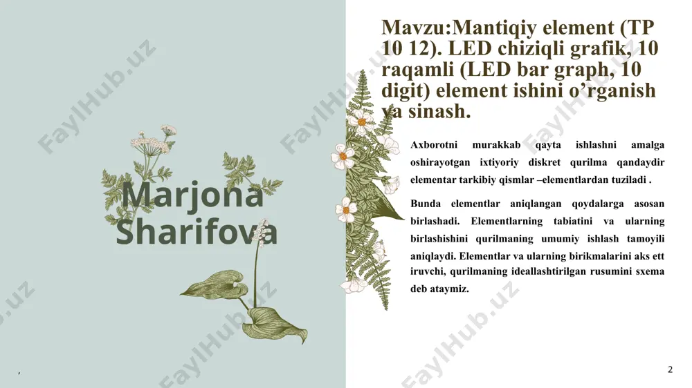 an. rasmdagi qurilma log.1 ni chiqarish bilan kirish qismidagi simvollarning mos tushmaganlini, log.0 ni chiqarib simvollarning ustma-ust tushganligini bildirishini idrok etish qiyin emas (haqiqatdan ham, kir1 = 1 va kir2 = 0 yoki kir1 = 0 va kir2= 1 bo‘lib simvollar ustma-ust tushmaganda qurilmaning chiqishida chiqish=1, kirish simvollari kir1=1 и kir2=1 yoki kir1=0 и kir2=0 bo‘lib, ustma-ust tushganda esa chiqishga chiqish = 0). m sh.marjona m 5 parallel ishlash qurilmasining kirish qismiga har bir kodli so‘zning n ta simvoli bir vaqtda kelib tushadi (parallel shaklda).aynan shunday shaklda chiqish qismida, chiqish so‘zi tuziladi. ravshanki, kodli so‘zlarni qabul qilish va uzatishning parallel shaklida kirish (chiqish) so‘zining har bir razryadi uchun qurilmada alohida kirish yo‘li bo‘lishi kerak. bunday qurilmaga misol sifatida 6-rasm ko‘rsatilgan. qurilma kirish so‘zlarining razryadlari ustidan rasmda ko‘rsatilgan qurilma singari, lekin parallel shaklda aynan shu mantiqiy operatsiyani bajaradi. qurilmaning kirish qismi, har biri parallel shakldagi, uch razryadli kirish kodli so‘zlarni qabul …