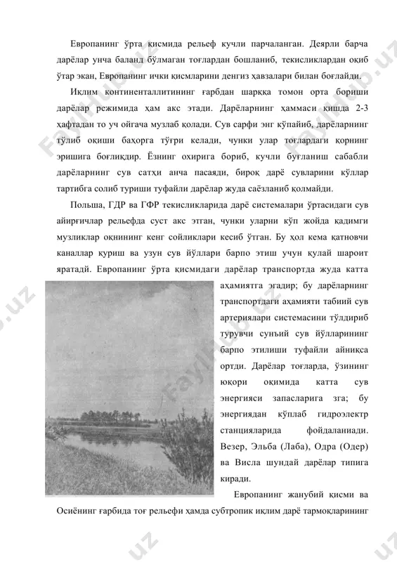 этиш учун қулай шароит яратадй. европанинг ўрта қисмидаги дарёлар транспортда жуда катта аҳамиятга эгадир; бу дарёларнинг транспортдаги аҳамияти табиий сув артериялари системасини тўлдириб турувчи сунъий сув йўлларининг барпо этилиши туфайли айниқса ортди. дарёлар тоғларда, ўзининг юқори оқимида катта сув энергияси запасларига зга; бу энергиядан кўплаб гидроэлектр станцияларида фойдаланиади. везер, эльба (лаба), одра (одер) ва висла шундай дарёлар типига киради. европанинг жанубий қисми ва осиёнинг ғарбида тоғ рельефи ҳамда субтропик иқлим дарё тармоқларининг шаклланиши учун-ўзига хос шароит яратади. бу дарёлар одатда қиялигидинг катталиги ва бўйлама профилинингузил-кесил шаклланганлиги билан характерланади. бу дарёларнинг кўпида, айниқса, пире-ней ярим ороли дарёларининг қуйи қисмида остона тошлар бор; улар мессетанинг тик жарликларини дарё кесиб ўтишидан ҳосил бўлган.