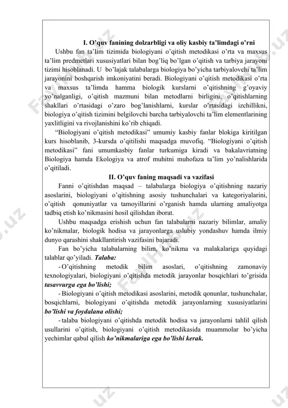 sh. biologik ta’limning roli 2 2 - 2 2 sharq uyg’onish davri va ta’lim-tarbiya masalalari. jadidchilik harakatida ta’lim va tarbiya 2 2 - - 3 biologiya fanlarining strukturasi va biologik tushunchalarni shakllantirish 2 2 6 2 4 biologiya o’qitish metodlari va ularning klassifikatsiyasi 2 2 - - 5 biologiya darslari. amaliy va laboratoriya ishlarni uyushtirish 2 2 4 - 6 biologiyadan sinfdan tashqari ishlar. ekskursiyalar. biologiyaning moddiy bazasi 2 2 - - 7 biologiya o’qitishda yangi pedagogik va axborot texnologiyalarini qo’llash 2 2 - 2 jami: 30 14 10 6 iii. ma’ruza mashg’ulotlari ma’ruza mashg’ulotlari multimedia qurilmalari bilan jihozlangan auditoriyada akademik guruhda alohida o’tiladi. “biologiyani o’qitish metodikasi” fani bo’yicha ma’ruza mashg’ulotlarining kalendar tematik rejasi № mavzular nomi soatlar 1 “biologiyani o’qitish metodikasi” faniga kirish. biologik ta’limning roli 1.1 biologiyani o’qitish metodikasi predmeti, o’rganish obyekti, maqsadi va vazifasi. biologik ta’limning roli. biologiya o’qitishning asosiy didaktik tamoyillari. nazariy va amaliy bilimlarni tarbiya …