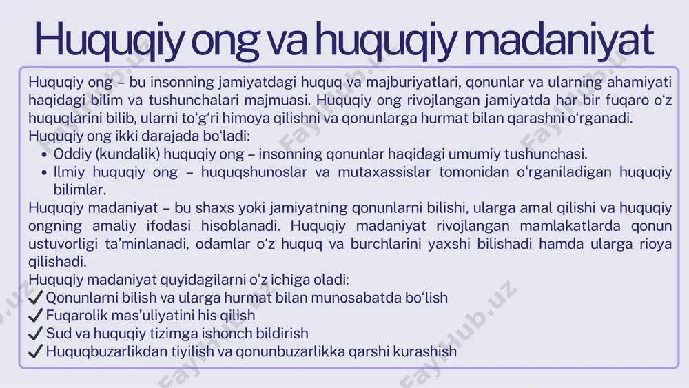 qonunlarga hurmat ruhida tarbiyalash va huquqbuzarlikning oldini olishga qaratilgan tizimli jarayondir. huquqiy tarbiya nafaqat shaxsiy rivojlanish, balki jamiyat barqarorligi va davlat taraqqiyoti uchun ham muhim ahamiyat kasb etadi. huquqiy tarbiyaning jamiyat va shaxs rivojlanishidagi o‘rni ✅ shaxs rivojlanishida huquqiy bilim va madaniyat shaxsning o‘z huquq va majburiyatlarini bilishiga yordam beradi. inson o‘z haq-huquqlarini himoya qilishni o‘rganadi. mas’uliyat va qonuniylik hissi shakllanadi. ✅ jamiyat rivojlanishida qonun ustuvorligi ta’minlanadi. fuqarolarning huquqiy madaniyati oshadi. huquqbuzarlik va korrupsiya kamayadi. demokratik va barqaror jamiyat shakllanadi. huquqiy tarbiyaning samarali amalga oshirilishi jamiyatda adolat, qonuniylik va barqarorlikni mustahkamlashda muhim rol o‘ynaydi. huquqiy tarbiyani takomillashtirish yo‘llari maktablarda va oliy ta’lim muassasalarida huquqiy darslarni takomillashtirish. o‘quvchilarga hayotiy misollar orqali huquqiy bilim berish. huquqshunoslar bilan uchrashuvlar, seminar va treninglar tashkil etish. 🔹 oila va jamiyatda huquqiy tarbiyani kuchaytirish ota-onalar farzandlarining huquqiy savodxonligini oshirishga e’tibor qaratishi kerak. jamiyatda huquqiy madaniyatni targ‘ib qilish. 🔹 ommaviy axborot vositalari va internet orqali huquqiy targ‘ibot …