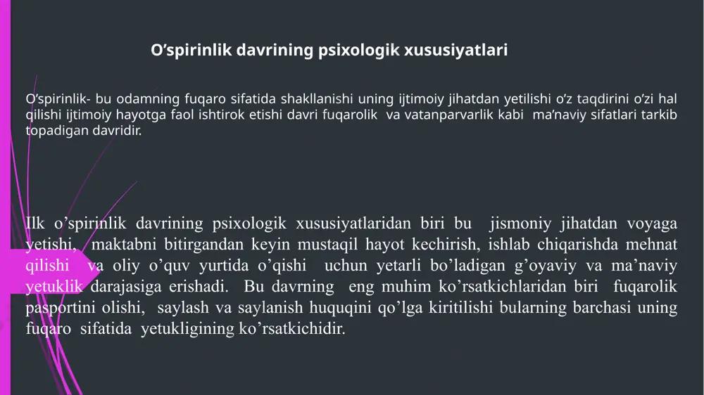 o’quvchilarining qiynalishlariga sabab shuki ular tevarak-atroofdagi voqelikni bilib olish maqsadida umumlashtiruvchi tushunchalardan foydalanishni bilmaydilar ana shu bilmaslik shuning uchun ham sodir bo’ladiki umumlashtiruvchi tushunchalar xulosalar fikrlar hodisa va faktlarni tadqiq qilish yo’li bilan tarkib topmaydi balki yodlab olinadi. 8 sinfgacha ish mazmuni va usullarida katta farq bo’ladi bu vaqtda o’rgatmasdan ham o’rganish mumkin, 9-10 sinflarda har qadamda muammolar paydo bo’lib turadi. katta yoshdagi bolalarning o’zlari ko’plarimiz 9 va 10 sinflarda o’qishga yaxshi tayyorgarlik ko’rmaganmiz deb ta’kidlaydilar. ularda o’quv materiali ustida mustaqil ishlash mahorati yo’q o’qishdan tashqari boshqa manbalardan olingan materiallarni yaxshi o’zlashtira olmaydilar. v.a.suxomlinskiy o’smirning o’quv fanlariga tanlab munosabatda bo’lishi dearli butunlay o’qitishning sifati va darajasi bilan belgilanadi. ilk o’spirinlik davridagi o’quvchilarning o’quv fanlariga tanlab munosabatda bo’lishining boshqa muhim sababi ham bor bu sabab ularning ko’plarida o’z kasbiy maqsadlari bilan bog’liq bo’lgan va qaror topgan qiziqishlarning mavjudligidir. tadqiqotlar shuningdek ilk o’spirinlarning o’qishga munosabati o’qituvchining dars berishida ularning individual xususiyatlarini qanchalik …
