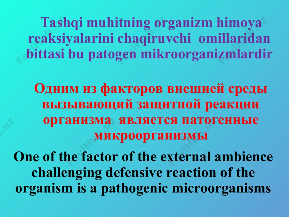 d will remain one of the main problems to general surgery xozirgi kunda yiringli kasalliklari bo’lgan bemorlar umumiy xirurgik bemorlarning 25% tashkil qiladi на сегодняшний день больные с гнойными заболеваниями среди общего числа хирургических больных составляют 25% for present-day day sick with purulent diseases 25% form amongst the total number surgical sick xirurgik infeksiyani uchrashi частота хирургической инфекции the frequency to surgical infection xirurgik infeksiyani oldini olishning asosida quyidagilar yotadi organizm himoya kuchlarini oshirish terining mikroflora bilan ifloslanishini kamaytirish в основе профилактики хирургической инфекции лежит: усиление защитных сил организма уменьшение загрязнения кожи микрофлорой in base of the preventive maintenance to surgical infection lies: the reinforcement of defensive power of the organism the reduction of the soiling the skin microbial flora xirurgik infeksiyani oldini olishning asosida quyidagilar yotadi shillik qavatlarning mikroflora bilan ifloslanishini kamaytirish har xil shikastlanishlarni oldini olish jarohatlarga o’z vaqtida xirurgik ishlov berish в основе профилактики хирургической инфекции лежит: …