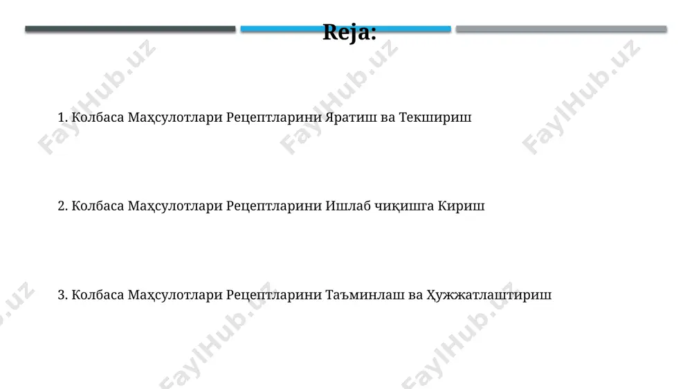 пасайтириш ва 5% энергия тежоўвчи технологияларни қўллаш имконияти мавжуд. go'shtni maydalash va aralashtirish texnologiyalari go'shtni maydalash jarayonida 15-20 mm teshik o'lchamli diskli maydalagichlar samarqand viloyatidagi go'sht kombinatlarida keng qo'llaniladi va bu mahsulot sifatiga ijobiy ta'sir ko'rsatadi. go'sht massasining optimal harorati 2-4°c da saqlanib, farg'ona vodiysidagi korxonalarda maxsus sovutish tizimlari yordamida ta'minlanadi. marketing va savdo strategiyasi онлайн-савдо платформаларида, масалан, mymarket ва darvozada, маҳсулотларни жойлаштириш ва 10% фоизлик онлайн буюртмалар учун акциялар эълон қилиш, сотувларни 2 бараварга оширишга ёрдам беради. тошкент ва самарқанд шаҳарларидаги 5 та йирик супермаркет тармоғида маҳсулотнинг реклама кампаниясини ўтказиш, 15% ли чегирма таклиф этиш ва 2000 та бепул дегустация ўтказиш режалаштирилган. innovatsion kolbasa mahsulotlari retseptlari fermentatsiya jarayonida 37°c haroratda 12-18 soat davomida saqlash, o'zbekistonning janubiy hududlarida yetishtiriladigan o'simliklar ekstraktlarini qo'shish bilan birga, noyob ta'm va hid beradi. go'sht va yog' nisbatini 70/30 dan 60/40 ga o'zgartirish, samarqand viloyatida yetishtiriladigan ziravorlarni qo'shish bilan birga, sosiska mahsulotlarining yangi navlarini yaratishga …