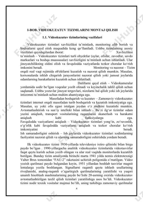 a, auditoriyalarda band va bo’sh joylarning sonini avtomatik aniqlashda fazoviy uchuvchi obyektlarning avtomatik nazoratini amalga oshirishda; shaxar xududi, o’rmon xo’jaliklari va dala hovlilarda yong`in chiqishni barvaqt aniqlash maqsadidagi monitoringda ko’riqlanayotgan obyekt(lar)ga kirish-chiqish monitoringida savdo-sotiq, kungilochar markazlarida, muzey, stadion, qolaversa o`quv xonalarda statistik tadqiqotlar o`tkazishda konveyerdagi maxsulotlar sonini sanash va sifatining dastlabki nazoratida mikroskopik obyektlarni kuzatish, sanash, o`lchash va identifikatsiyalashda qo’llanilmoqda. sunʼiy intellektning muhim bo`limlari mexanik xarakatni amalga oshirishda avtomatik rejalashtirish yoki tizimning har qadamdagi vaziyatda qaror qabul kilishi, kuzatuv maydonidagi xarakatdagi va statsionar obyektlarni aniqlash hisoblanadi. buning uchun u axborotni qayta ishlashda muhit va tizim holati xaqidagi muhim axborotni beradigan videosensorli kompyuterli ko`rish (computer vision) tizimidagi kiruvchi maʼlumotlarga tayanadi. sunʼiy intellektning kompyuterli ko`rish bilan uzviy bog`liq bo’limlari mashinali o`rgatish usullaridir videokuzatuv tizimlarida sifatli tasvir olishdan keyingi asosiy masala – kuzatuv maydonida dinamik obyektni aniqlash masalasidir (1.2-rasmga qarang). faollik detektori - bu dasturiy modul bo’lib, uning asosi kameraning o`rnatilishiga ko`ra statsionar …