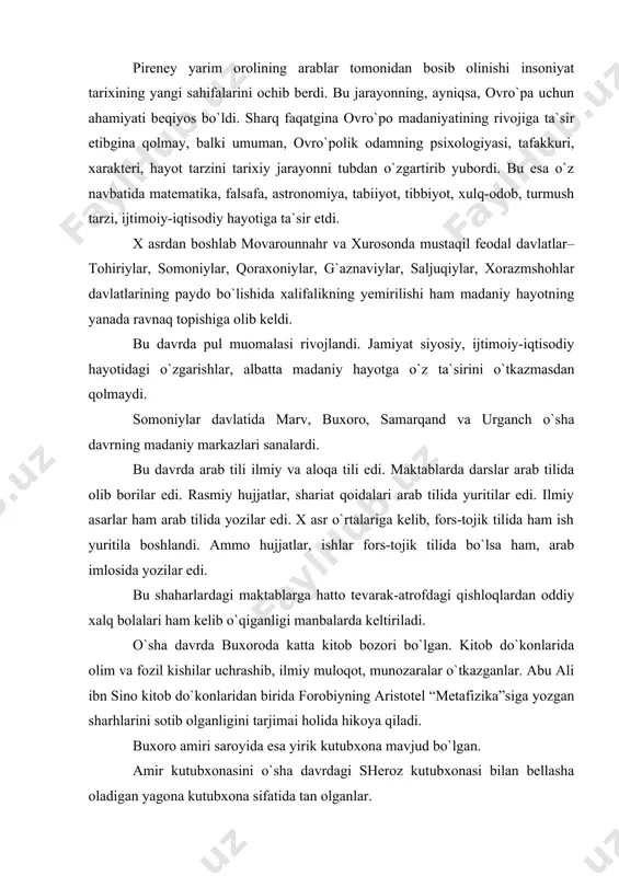 din peshvolari, so`fiylarga katta e`tibor berib, g`amxo`rlik qiladi. uning katta xizmatlaridan yana biri taqvimni isloh qilgani. u 1074 yili o`rta sharq mamlakatlari uchun kalendar-taqvim tuzadiki, bu taqvim hozirgacha eng takomillashgan kalendarlardan biri hisoblanadi. xi asrda xorazmda ilm-fan taraqqiy etadi. xorazm shohi ma`mun ii o`z saroyiga zabardast olimlarni taklif etadi. u tashkil etgan “bayt-ul-hikma” -donishmandlar uyi tarixda “ma`mun akademiyasi” deb nom qoldirgan. bu akademiyaning rivoj topishida abu rayhon beruniy, abu ali ibn sino, tarixchi miskavayx, riyoziyotchi abu nasr ibn iroq, faylasuf abu sahl al-masixiy, tabib abulxayr xammor kabi olimlar ilmiy ijod bilan shug`ullanganlar. lekin toj-taxt uchun kurash natijasida bu ilm dargohi o`z faoliyatini to`xtatib, olimlar tarqab ketadi. movarounnahr va xurosonda ix asrlarga kelib ma`naviy ko`tarilish sharq renessansi – uyg`onish davrining boshlanishga olib keldi. movarounnahrda ilm-fan va ma`rifat sohasida o`z xizmatlari bilan dunyoga mashhur bo`lgan faylasuf va munajjim, matematika, fizika, tibbiyot, tarix, til va adabiyot, pedagogika sohasida ilmiy merosi bilan nom qoldirgan …