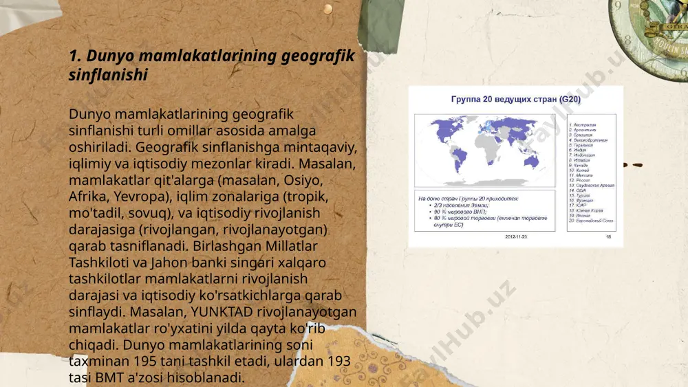 di. eramizdan avvalgi 5-4-asrlarda o'rta osiyoda ahemoniylar davlati, eramizdan avvalgi 4-asrda esa makedoniyalik iskandar imperiyasi o'sdi. o'rta asrlarda ipak yo'li savdo yo'nalishi bo'ylab sharq va g'arb mamlakatlari rivojlandi. 16-17-asrlarda yevropada renessans va kashfiyotlar davri kuzatiladi. 19-asrda sanoat inqilobi yevropa va shimoliy amerikada ijtimoiy va iqtisodiy o'zgarishlarga olib keldi. 20-asrda mustamlakachilik tugab, ko'plab mamlakatlar mustaqillikka erishdi. ... t.me/slaydai_bot 7. tabiiy resurslar va ularning taqsimlanishi tabiiy resurslar yerning tabiiy berilgan boyliklari bo‘lib, ular yer usti va yer ostida joylashgan. butun dunyoda tabiiy resurslar muayyan hududlar bo‘yicha notekis taqsimlanadi. dunyodagi neft resurslarining 50% dan ortig‘i yaqin sharqda joylashgan. suv resurslariga ega davlatlar orasida braziliya dunyodagi eng katta ichimlik suvi zaxirasiga ega. rossiya o‘rmon resurslari bo‘yicha yetakchilar qatoriga kiradi, jahon o‘rmonlarining 20% ulushiga ega. ko‘mir zaxiralari bo‘yicha aqsh, xitoy va hindiston oldinda. mineral resurslar, misol uchun, boksit va misning eng yirik konlari avstraliya va chili hududlarida joylashgan. ... t.me/slaydai_bot urbanizatsiya darajasi bo'yicha eng yuqori …