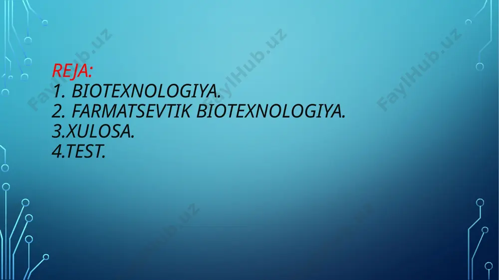 a biotexnologik yo‘l bilan olish). 2. yashil biotexnologiya (o‘simliklardan olinadigan mahsulotlar, hamda unumdorlik va hosildorlikni oshirishda ishlatiladigan biopreparatlar kiradi). 3. qizil biotexnologiya (farmatsevtika va tibbiyotda olinadigan prepartlar kiradi). 4. kul rang biotexnologiya (atrof-muhitni tozalashda ishlatiladigan preparat va texnologiyalar kiradi). 5. ko‘k biotexnologiya (dengiz va okeanlarda yashaydigan tirik organizmlar yordamida olinadigan mahsulotlar kiradi) tibbiyotda biotexnologiya tibbiyotda biotexnologiya vositalari va metodlari turli kasalliklarni erta tashxis qo‘yish va davolash uchun mo‘ljallangan yangi biologik faol moddalar va dorilarni yaratishda muhim rol o‘ynaydi. • monoklonal antitelolar urli kasalliklarni tashxis qo‘yish va davolash uchun noyob reagentlar sifatida ishlatiladi. • farmatsevtika bozoriga chiqishga tayyor, • uy hayvonlar sutlaridan olinadigan • terapevtik oqsillar biotexnologik izlanishlar faoliyati tufayli saraton va oits kabi jiddiy kasalliklarni davolashning zamonaviy usullari ishlab chiqilmoqda. statistik ma’lumotlarga ko‘ra bu usullar bemorlar hayotini uzaytirish imkonini berishi aniqlangan. antibiotiklar – yuqori fiziologik faollikka ega bo‘lib, ma’lum guruh mikroorganizmlar, rak va boshqa kasalliklarning rivojlanishiga tanlab ta’sir etib rivojlanishini …