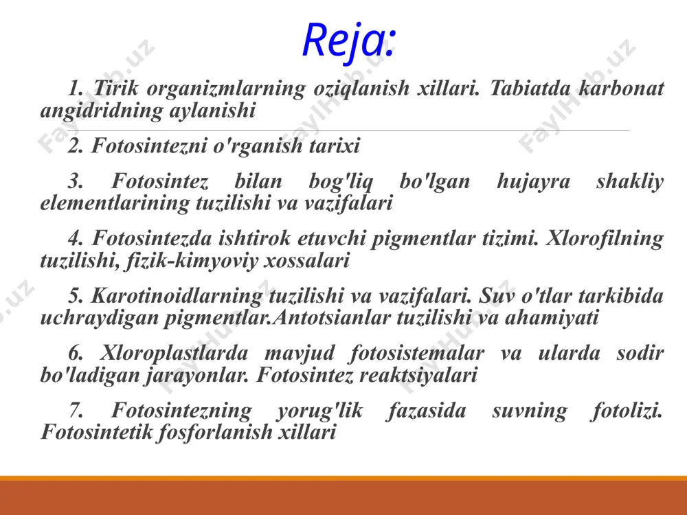 m uzoq muddat o'chmasdan yongan, sichqon esa yashagan. 1779 yilda gollandiyalik vrach ya.ingenxauz juda ko'p marta pristli tajribasini takrorladi va o'simliklar faqat yorug'likda havoni tozalaydi, qorong'ida esa hayvonlar kabi havoni buzadi, degan xulosaga keldi. shunday qilib, pristli va ingenxauzlar o'simliklarda qarama-qarshi ikki xil jarayon mavjudligini aniqladilar. lekin o'simliklar uchun buning nima ahamiyati borligini tushunmadilar. shveytsariyalik olim j.senebe 1782 yilda tajribalar natijasida o'simliklar yorug'likda kislorod ajratadi va shu bilan bir vaqtda buzilgan havoni (ya'ni so2 ni) yutadi, degan xulosaga keldi. 1804 yilda shveytsariyalik olim t.sossyur o'simliklarning yorug'likda so2 ni yutib o'z tanasida uglerod to'plashini aniqladi. u qabul qilingan karbonat angidrid va ajralib chiqadigan kislorodning nisbati bir-biriga tengligini, organik modda hosil bo'lishi jarayonida karbonat angidrid bilan bir qatorda suv ham ishtirok etishini birinchi marta tajribalar asosida ko'rsatdi. frantsuz agrokimyogari j.b.bussengo 1840 yilda fotosintez sohasida qilinadigan ishlar natijalarini har tomonlama tekshirib ko'rdi va sossyurning xulosalarini tasdiqladi, ilk bor fotosintezning shakliy tenglamasini tuzdi: amerikalik …