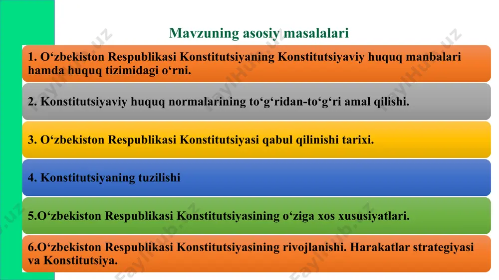 l 31-avgust “davlat mustaqilligi asoslari to‘g‘risida”gi qonun 1992-yil 26-sentabr konstitutsiya loyihasining umumxalq muhokamasi 1992-yil 21-noyabr konstitutsiya loyihasining takror umumxalq muhokamasi 1992-yil 8-dekabr o‘zbekiston respublikasining konstitutsiyasi qabul qilinishi qabul qilinish tarixi 158 modda 149 modda 137 modda 127 modda 128 modda o‘zbekiston respublikasi konstitutsiyasining tuzilishi muqaddima 6 bo‘lim 26 bob 128 modda o‘zbekiston respublikasi konstitutsiyasining o‘ziga xos xususiyatlari tub mohiyati va falsafasi, maqsad va g‘oyalariga ko‘ra yangi hujjat ichki tuzilishi va yangi konstitutsiyaviy institutlari bilan ajralib turadi mafkuralashtirish va siyosiylashtirish ruhi bilan sug‘orilmagan jahon hamjamiyati tomonidan e’tirof etilgan xalqaro huquq talab va qoidalariga javob beradigan tarzda tayyorlangan jahon konstitutsiyaviy tajribasiga keng tayanishi va ijobiy tomonlar atroflicha foydalanilgan jahonning ilg‘or konstitutsiyaviy tajribasini milliy-ma’naviy va huquqiy qadriyatimizga, o‘zbek xalqining boy tarixiga uyg‘unlashtirilib qo‘llanilgan o‘zbekiston respublikasi konstitutsiyasining rivojlanishi. harakatlar strategiyasi va konstitutsiya ўзбекистон республикаси президентининг фармони ўзбекистон республикасини янада ривожлантириш бўйича ҳаракатлар стратегияси тўғрисида тошкент ш., 2017 йил 7 февраль, пф-4947-сон 13 o‘zgartish va …