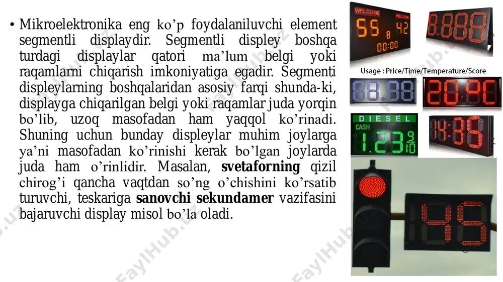 entlarining tegishli anod terminallarini oldinga yo'naltirish uchun elektr tok oqimini cheklovchi rezistor orqali "high" yoki mantiqiy "1" signalini qo'llash orqali kerakli segmentlarni yoqishimiz mukin bo‘ladi. umumiy katodli display • umumiy anod (common anode) - umumiy anodli displeyda led segmentlarining barcha anod ulanishlari mantiqiy "1" ga birlashtiriladi. yani umumiy anodli yetti segment monitorlarda barcha led anodlari birlashtirilgan bo‘ladi, katodllari esa alohida pinlar sifatida shaklantirilgan bo’ladi. alohida segmentlar ma’lum bir segmentning anodiga mos keladigan elektr toki oqimini cheklovchi rezistor orqali minus manba mantiqiy "0" yoki "low" signalini qo'llash orqali yoritiladi. • ushbu misolda umumiy anodli displeyning segmentlari kalitlar yordamida yoritilgan. agar a kaliti yopiq bo'lsa, oqim ledning "a" segmenti orqali a piniga ulangan oqim cheklovchi rezistorga va 0 voltga oqib, kontaktlarning ulanishiga olib keladi. shunda faqat a segmenti yoritiladi. shunday qilib, ushbu umumiy anod displeyidagi led segmentlarini faollashtirish uchun low holati (yerga o'tish) talab qilinadi. aytaylik, biz displeyda o'nlik "4" raqami yonishini …