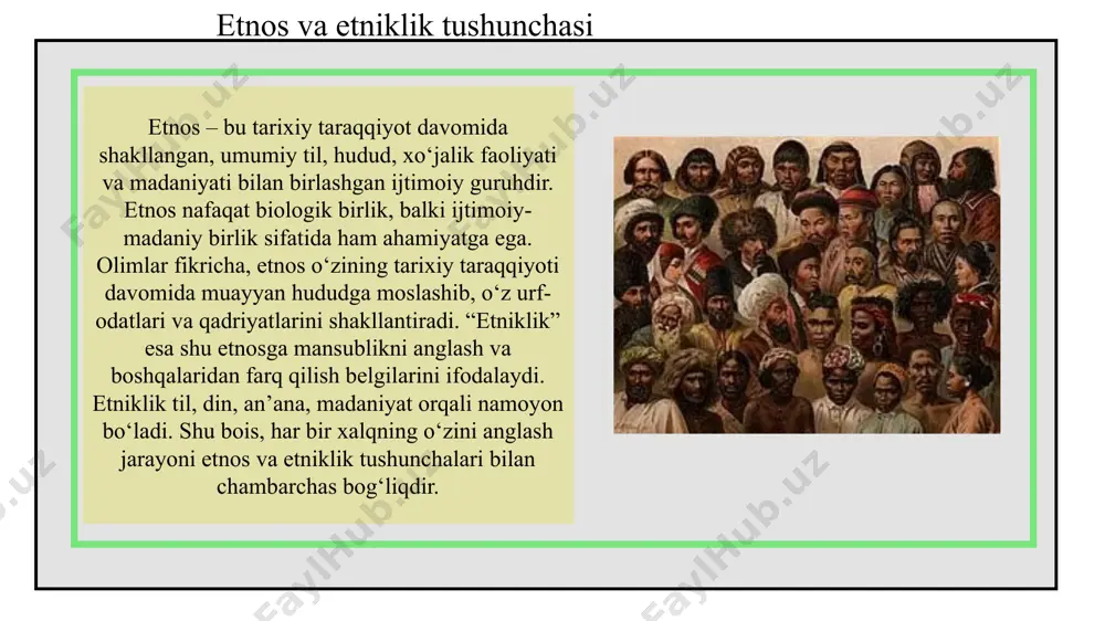 madaniyat va tarixdagi ayrim farqlari saqlanib qolgan. markaziy osiyo xalqlarining etnomadaniy tuzilishi urf-odatlar, an’analar va xalq og‘zaki ijodining o‘rni markaziy osiyo xalqlarining etnomadaniy tuzilishi avloddan-avlodga o‘tib kelayotgan urf-odatlar, qadimiy an’analar va xalq og‘zaki ijodi orqali shakllangan. xalq marosimlari — to‘y, sunnat, navro‘z, hashar kabi tadbirlar ijtimoiy birlik va o‘zaro yordam tamoyillariga asoslangan. og‘zaki ijod — dostonlar, maqollar, ertaklar, qo‘shiqlar xalqning dunyoqarashi, axloqiy me’yorlari va milliy xotirasini aks ettiradi. urf-odatlar shaxsning jamiyatdagi o‘rnini belgilash bilan birga, xalqning etnik birlikda saqlanishiga xizmat qiladi. hududiy-etnik guruhlar (qarluq, qipchoq, o‘g‘uz va boshqalar)ning madaniy xususiyatlari markaziy osiyo xalqlari etnomadaniy jihatdan turli hududiy-etnik guruhlardan iborat bo‘lib, ularning har biri o‘z madaniy xususiyatlariga ega. qarluqlar ko‘proq dehqonchilik va hunarmandchilik an’analari bilan mashhur bo‘lsa, qipchoqlar chorvachilik va jangovar an’analarni davom ettirgan. o‘g‘uzlar esa turkiy dunyoda epik ijod, urf-odatlar va qo‘shma xo‘jalik faoliyati orqali alohida o‘rin egallaydi. ushbu guruhlarning madaniy o‘ziga xosliklari bugungi kunda ham xalq amaliy san’ati, kiyim-kechak, …