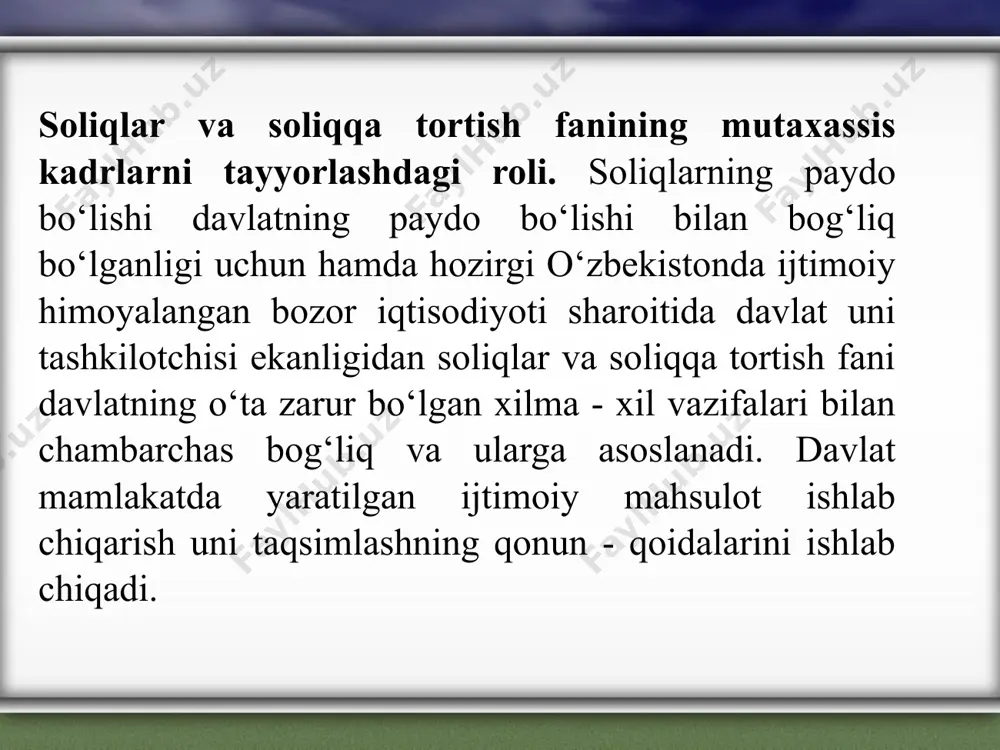 rab, soliqlarning iqtisodiyotni tartibga solishdagi rolini tan olmaganlar. amalga oshirilgan tahlillar natijasida shunday xulosaga kelish mumkinki, hozirgi davrda davlat tomonidan iqtisodiyotni tartibga solishning ikkita modelini ajratib ko’rsatsa bo’ladi. bularning birinchisi keynschilik modeli, ikkinchisi esa neokonservativ model deb ataladi. alohida qayd etish kerakki, iqtisodiyotni tartibga solish to’g’risida gap ketgan paytda j.m. keyns (1883-1946 y.)ning bozor iqtisodiyoti haqidagi g’oyalari muhim ahamiyat kasb etadi. j.keynsning nazariyasining asosiy mazmuni uning “bandlik, foiz va pulning umumiy nazariyasi” (1936) nomli asarida bayon qilingan. bunda muallif iqtisodiyotning rivojlanishidagi asosiy omil deb “samarali talab”ning mavjudligini ko’rsatadi. j.keynsning fikricha, “samarali talab” ikkita tarkibiy qism (shaxsiy iste’mol va investitsiyalash) dan iboratdir. давлат бюджети даромадлари-2023 давлат бюджети даромади - 231 720,7 млрд сўм, 14,8 фоизга ўсган шундан: солиқ қўмитаси-165 917, 6 мрлд (71,6 %) солиқли даромад: 184 508,9 млрд божхона қўмитаси - 58 388,0 млрд (25,2%) солиқсиз даромад: 47 211,8 млрд бошқа - 7 415, 0 мрлд (3,2 %)