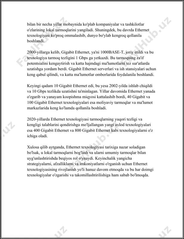 darti ieee 802.3 standarti bu ethernet tarmoqlari uchun aniqlangan standart bo'lib, ma'lumotlar tarmoqlari texnologiyalarini o'z ichiga oladi. ethernet simli lokal tarmoqlarning (lan) asosini tashkil etadi va asosan kabel bilan amalga oshiriladigan tarmoq ulanishlari uchun ishlatiladi. ieee 802.3 1983-yilda birinchi marta tasdiqlangan va hozirgi kunda ko'plab versiyalari hamda kengaytmalari mavjud. ieee 802.3 standarti ethernet tarmoqlarining ishlash qoidalarini belgilaydi va datalarning fizik darajada uzatilishini nazorat qiladi. asosiy xususiyatlaridan biri bu csma/cd (carrier sense multiple access with collision detection) texnologiyasidan foydalanishdir. bu texnologiya yordamida ethernet tarmogida moslamalar malumotlarni qanday uzatishni ta'minlaydi va kolliziyalar (ya'ni, ikkita yoki undan ortiq signal bir vaqtda jo'natilganda yuzaga keladigan to'qnashuvlar) aniqlanganda moslamalar qanday harakat qilishlari aniqlanadi. ethernetning bir nechta turlari mavjud bo'lib, ularni asosan uzatish tezligi va kabel turlari bilan farqlash mumkin: - 10base-t: bu ethernetning dastlabki turlaridan biri bo'lib, 10 mbit/s tezlikda ma'lumot uzatiladi. bu turdagi ethernet mis juftlik kabellardan foydalanadi. - 100base-tx (fast ethernet): 100 mbit/s …