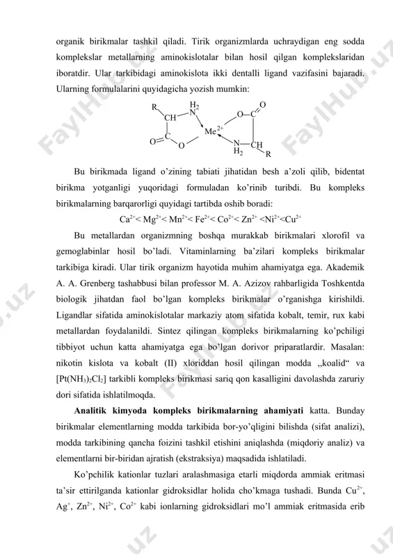 oshkentda biologik jihatdan faol bo’lgan kompleks birikmalar o’rganishga kirishildi. ligandlar sifatida aminokislotalar markaziy atom sifatida kobalt, temir, rux kabi metallardan foydalanildi. sintez qilingan kompleks birikmalarning ko’pchiligi tibbiyot uchun katta ahamiyatga ega bo’lgan dorivor priparatlardir. masalan: nikotin kislota va kobalt (ii) xloriddan hosil qilingan modda ,,koalid“ va [pt(nh3)2cl2] tarkibli kompleks birikmasi sariq qon kasalligini davolashda zaruriy dori sifatida ishlatilmoqda. analitik kimyoda kompleks birikmalarning ahamiyati katta. bunday birikmalar elementlarning modda tarkibida bor-yo’qligini bilishda (sifat analizi), modda tarkibining qancha foizini tashkil etishini aniqlashda (miqdoriy analiz) va elementlarni bir-biridan ajratish (ekstraksiya) maqsadida ishlatiladi. ko’pchilik kationlar tuzlari aralashmasiga etarli miqdorda ammiak eritmasi ta’sir ettirilganda kationlar gidroksidlar holida cho’kmaga tushadi. bunda cu2+, ag+, zn2+, ni2+, co2+ kabi ionlarning gidroksidlari mo’l ammiak eritmasida erib ketib, [cu(nh3)4]2+, [ag(nh3)2]+, [zn(nh3)4]2+, [ni(nh3)6]2+ ga o’tadi, co2+ esa kislorod ishtirok etmaganda [co(nh3)6]2+ tarkibli kompleks ionlarini hosil qiladi. co2+ kislorod ishtirok etganda esa co3+ ionining bir necha ammiakatlari hosil bo’ladi. bazi kompleks ammiakatlar …