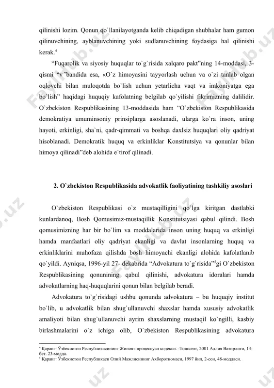 jjatlaridan iboratligi ta`kidlangan. mazkur qonunda advokaturaning muhim ijtimoiy vazifalari ham belgilab qo`yilgan bo`lib, ular: · aholiga sifatli huquqiy yordam ko`rsatish; huquqiy yordam ko`rsatishda, ayniqsa,fuqaroviy-huquqiy muammoda advokatning o`rni; · to`lov qobiliyatiga ega bo`lmagan fuqarolarga bepul huquqiy yordam berish; advokatura o`z faoliyatini quyidagi ya`ni, qonunlarning ustunligi, mustaqillik hamda demokratik prinsiplar asosida faoliyat olib borishi belgilab berildi. advokatlik faoliyatining turlari ham mavjud bo`lib ular-huquqiy masalalar bo`yicha masalalar,tushuntirishlar, qonun hujjatlari yuzasidan yuzaki va yozma ma`lumotnomalar berish: · huquqiy xususiyatdagi arizalar, shikoyatlar va boshqa hujjatlarni tuzish; fuqarolik ishlari va ma`muriy huquqbuzarlik to`g`risidagi ishlar bo`yicha sudda, boshqa davlat organlarida, jismoniy va yuridik shaxslar oldida vakillikni amalga oshirish; · jinoiy ishlar bo`yicha dastlabki tergovda va sudda himoyachi, jabrlanuvchi vakili, fuqaroviy da`volar, fuqaroviy javobgar shaxs sifatida ishtirok etish; tadbirkorlik faoliyatiga yuridik xizmat ko`rsatish hamda qonun hujjatlarida man etilmagan boshqa turdagi yuridik yordam ham ko`rsatish mumkin (5-modda). shuningdek, “advokatura to`g`risida”gi qonunda advokatlik faoliyatining kafolatlari jumladan, uning kasbga oid huquqlari, …