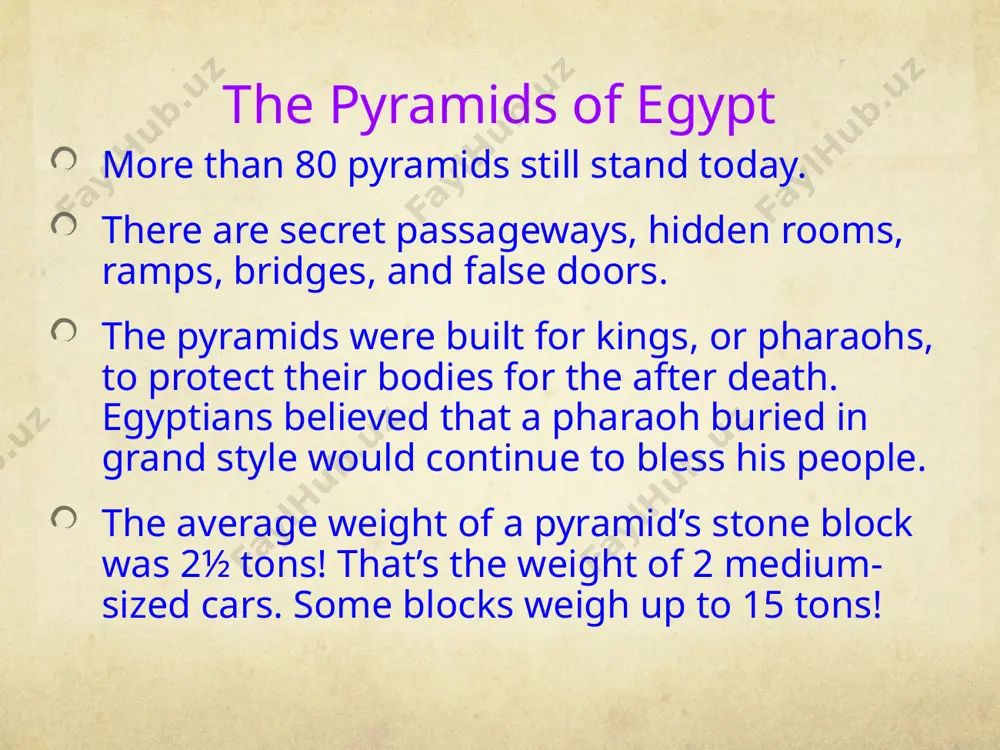 d occur during the flood season. each side of the pyramid had to face one of the four cardinal points – north, south, east, and west. a pyramid had to be close to the pharaoh’s palace so he could keep any eye on his “castle of eternity”. valley of the kings by 1600 b.c., robbers had ransacked, or taken the treasures, from most of the pyramids. later pharaohs decided that their bodies would be safer in hidden tombs cut from solid rock. many of these pharaohs are buried in the valley of the kings. king tut was buried in the valley of the kings. practically untouched by robbers, his tomb contained weapons, furniture, jewelry, musical instruments, clothing, model boats – many made of solid gold. these isolated tombs were built near the isolated cliffs near thebes. 62 tombs have been found there. however, even these tombs were robbed. pyramids around …