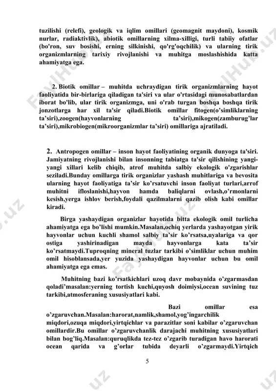radi. birga yashaydigan organizlar hayotida bitta ekologik omil turlicha ahamiyatga ega bo’lishi mumkin.masalan,ochiq yerlarda yashayotgan yirik hayvonlar uchun kuchli shamol salbiy ta’sir ko’rsatsa,uyalariga va qor ostiga yashirinadigan mayda hayvonlarga kata ta’sir ko’rsatmaydi.tuproqning mineral tuzlar tarkibi o’simliklar uchun muhim omil hisoblansada,yer yuzida yashaydigan hayvonlar uchun bu omil ahamiyatga ega emas. muhitning bazi ko’rsatkichlari uzoq davr mobaynida o’zgarmasdan qoladi’masalan:yerning tortish kuchi,quyosh doimiysi,ocean suvining tuz tarkibi,atmosferaning xususiyatlari kabi. bazi omillar esa o’zgaruvchan.masalan:harorat,namlik,shamol,yog’ingarchilik miqdori,ozuqa miqdori,yirtqichlar va parazitlar soni kabilar o’zgaruvchan omillardir.bu omillar o’zgaruvchanlik darajachi muhitning xususiyatlari bilan bog’liq.masalan:quruqlikda tez-tez o’zgarib turadigan havo harorati ocean qarida va g’orlar tubida deyarli o’zgarmaydi.yirtqich sutemizuvchilar tanasida parazitlik qiladigan organizmlar uchun oziq zahirasi yetarli bo’lsa,erkin yashovchi yirtqichlar uchun oziq zahirasi o’ljasining soniga bog’liq. ekologik omillar xilma xil ko’rinishlarga ega.shunday bo’lishiga qarmay bunday omillarni organizmga ta’sir etish harakteri,ekologik omillarning ta’siriga tirik organizlarning javob reaksiyalarida bir qator umumiy qonuniyatlarni aniqlash mumkin. har bir tirik organism muhit omillariga nisbatan o’ziga xos moslanishlarga …