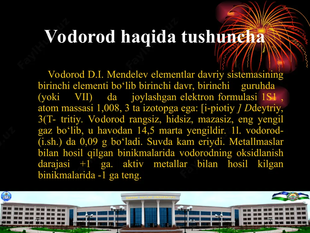 odorodni yoqish mumkin yoki asbobni qizdirish mumkin olinishi. kislotaga metall ta’sir ettirish yо‘li bilan vodorod olish. uchi chо‘zilgan shisha nay о‘tkazilgan probkali probirkadan iborat asbob yig‘ing (29-rasm). probirkaga bir necha bо‘lak rux solib, probirkaning 1/3 qismigacha suyultirilgan sulfat kislota qо‘yrng. nay о‘tkazilgan probkani probirkaga zich qilib tiqib, probirkani shtativning qisqichga vertikal holatda о‘rnating. gaz ajralib chiqrnshrn kuzating. nay oikali chiqayottai vodorodda havo bor-yо‘qligini yuqorida aytilganidek tekshrnib kо‘ring. asbobdan chiqayotgan vodorodning tozalisiga ishoich hosil qilrngandan keyin, naydan chiqayotgan gazni yoidiring. vodorod alangagi ustiga quruq stakan tuting. stakan devoilarida mayda suv tomchilarn paydo bо‘lishini kuting. reaksiyalar tenglamalarini yozing. ishqorga metall ta’sir ettirib vodorod olish. yuqoridagi tajribada kо‘igatilgan asbobning probirkasiga о‘yuvchi natriy eritmasidan quying va ustiga alyuminiy qrnrndisidan ozsira soling va danhol nay о‘tkazilgan probirkani mahkamlab beikrting. gaz ajralib chiqishrni kuzating. uchi chо‘zilgan va nay о‘tkazilgan probka bilan probirkani beikrting va asbobdagi havo batamom giqib chiqarnlgarnrn bilish uchun chiqayotgan gazning tozaligini sinab kо‘ring …