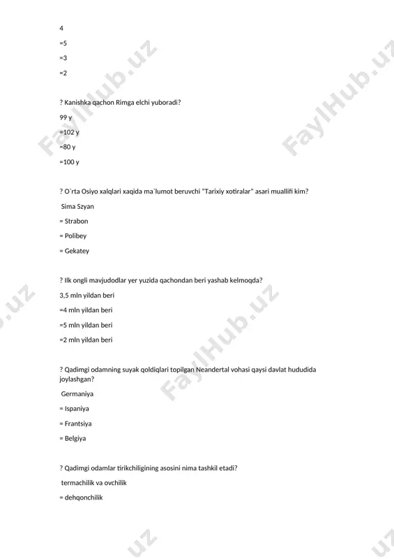 tdi? vodiyni arablar zabt etgunicha = vodiyni qarluqlar zabt etgunicha = vodiyda somoniylar hukmronligi o`rnatilgunicha = farg’ona vodiysi 588 yili turk xoqonligi ikkiga bo`lingach, mustaqil davlat bo`lib qolgan ?qaysi davlat podsholari «ixshidlar» deb atalgan? farg’ona va so`g’d = xorazm va baqtriya = farg’ona va xorazm = baqtriya va farg’ona ?v-vii asrlarda o`rta osiyoga bostirib kirib o`z davlatiga asos solgan xalqlar to`g’ri ko`rsatilgan javobni toping? eftaliylar, xioniylar, toharlar = sosoniylar, xioniylar, afrig’iylar = eftaliylar, kushonlar, kidanlar = qoraxitoylar, qoraxoniylar, qarluqlar ?kushon davlatida qaysi dinlarga sig’inishgan? moniylik, zardushtiylik, buddaviylik = moniylik, buddaviylik = xristianlik = moniylik, braxmanizm ?vatanimiz hududidagi neolit davri manzilgohlarida …? mikrolitlar keng tarqalgan = qo`pol tosh qurollar keng tarqalgan = o`choq qoldiqlari topilgan = metall buyumlr tarqala boshladi ?afsonalarga ko`ra qadimgi xorazmda…? siyovushiylar sulolasi hukmronlik qilgan = afrig’iylar sulolasi hukmronlik qilgan = malikshohlar hukmronlik qilgan = salavkiylar noibi hukmronlik qilgan ?qaysi tarixiy manbada baqtriya «…baland bayroqli, go`zal o`lka» deb …