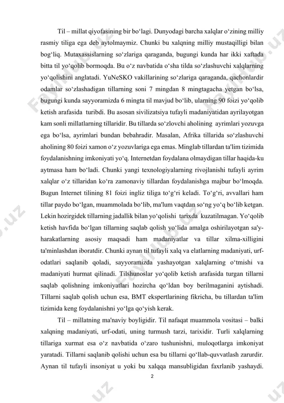 niyat va boshqa sohalarga oid atamalarni, shevalarda qo‘llaniladigan so‘zlarni o‘z ichiga olgan besh jildlik “o‘zbek tilining izohli lug‘ati” bu borada amalga oshirilgan ishlarning eng muhimlaridandir. til – millat qiyofasining bir bo‘lagi. dunyodagi barcha xalqlar o‘zining milliy rasmiy tiliga ega deb aytolmaymiz. chunki bu xalqning milliy mustaqilligi bilan bog‘liq. mutaxassislarning so‘zlariga qaraganda, bugungi kunda har ikki xaftada bitta til yo‘qolib bormoqda. bu o‘z navbatida o‘sha tilda so‘zlashuvchi xalqlarning yo‘qolishini anglatadi. yunesko vakillarining so‘zlariga qaraganda, qachonlardir odamlar so‘zlashadigan tillarning soni 7 mingdan 8 mingtagacha yetgan bo‘lsa, bugungi kunda sayyoramizda 6 mingta til mavjud bo‘lib, ularning 90 foizi yo‘qolib ketish arafasida turibdi. bu asosan sivilizatsiya tufayli madaniyatidan ayrilayotgan kam sonli millatlarning tillaridir. bu tillarda so‘zlovchi aholining ayrimlari yozuvga ega bo‘lsa, ayrimlari bundan bebahradir. masalan, afrika tillarida so‘zlashuvchi aholining 80 foizi xamon o‘z yozuvlariga ega emas. minglab tillardan ta'lim tizimida foydalanishning imkoniyati yo‘q. internetdan foydalana olmaydigan tillar haqida-ku aytmasa ham bo‘ladi. chunki yangi texnologiyalarning …