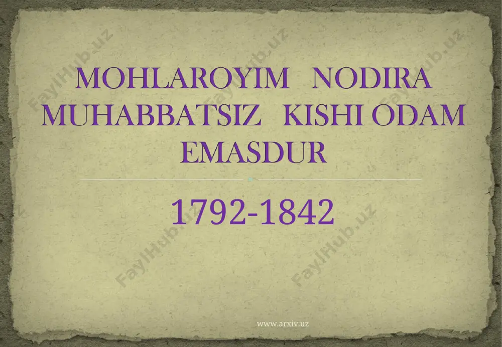 ww.arxiv.uz www.arxiv.uz man’i muhabbat na qilursan manga ramzi haqiqat erur ishqi majoz na gul sayr ayla, na fikri bahor et, jahondin kech, hayoli vasli yor et, muhabbatsiz kishi odam emasdur, gar odamsan, muhabbat ixtiyor et. www.arxiv.uz www.arxiv.uz www.arxiv.uz www.arxiv.uz 1822 yildan nodira ijodining 2-davri boshlanadi. bu davrda yaratilgan she’rlarida shoira bolalarining hayotidan bevaqt ketgan otasini qumsayotgan, hech bo’lmasa, tushida yana bir bor ko‘rishni orzu qilayotgan mushtipar ona qiyofasini, mahrum eri ruhini shod etishga intilayotgan sadoqatli ayol chehrasini ko’rish mumkin: nigori gulbadanimi tushimda ko’rsam edi, labi shakar shikanimni, tushimda ko’rsam edi. www.arxiv.uz www.arxiv.uz muashshar tarzida yozilgan. har biri o’n misradan iborat o’n bandda jami yuz satr mavjud. bosh motiv – hijron iztiroblarining kuchli izohi. g’oyaviy ruhi -1) asar vaznining uzunligini, ya’ni ramali musammani mahzufmi; 2) bandlarning katta-katta, ya’ni har biri o’n misradan iborat bo’lishi. g’am-kulfat, hijron azoblari ifodasi uchun shunday bosiq ohang zarur edi. bu – muashshar: hech kim, yo rab, …