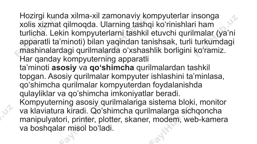ylantirib beruvchi qurilma. qurilmaning chiqish qismiga ovoz kuchaytirgich yoki karnaylarni ulash mumkin. tovush platasi o’z mikroprotsessoriga ega bo’lib, tovushni kiritishda analog-raqamli o’zgartirish va chiqarishida diskret-analogli o’zgartirishni ta’minlaydi. video-plata (ing. graphics adapter) – murakkab tasvirlar va millionlab ranglarni qayta ishlashni ta’minlab beruvchi plata. bu plata o’z mikroprotsessori va tezkor xotirasiga ega bo’ladi. zamonaviy video-karta hajmli va uch oʻlchovli grafika bilan ishlash imkoniyatiga ega. hozirgi kundagi juda ko’p dasturlar va oʻyinlar 64 mb yoki 128 mb sig’imli video-kartalar bilangina ishlaydi. qo’shimcha qurilmalar kompyuterning dasturiy ta’minoti kompyuterning dasturiy ta’minoti dasturiy taʼminot yoki software bu komputerda maʼlum bir turdagi vazifani bajarish uchun ishlab chiqilgan vositadir. aynan shu dasturiy taminotgina komputer — „quruq temir“ degan atamani yoʻqqa chiqargan. dasturiy vositalar komputer tomonidan qoʻllaniladigan barcha dasturlar toʻplamidir. ingiliz tilida bu atama software yaʼni „soft“-yumshoq, „ware“-"mahsulot" degan maʼnoni bildiradi. dasturiy taʼmonot 3 guruhga boʻlinadi : 1-sistema dasturlari (unga turli yordamchi vazifalarni bajaruvchi dasturlar kiradi : task manager …