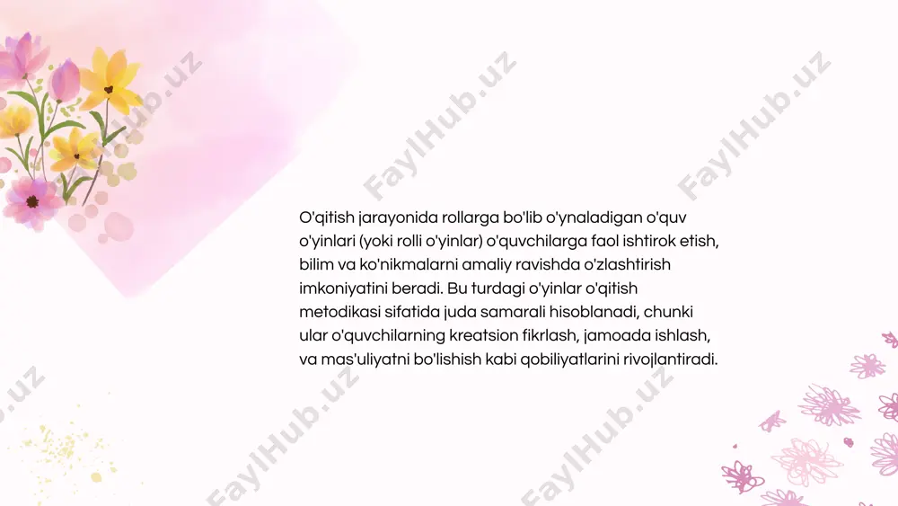 da qatnashish, huquqiy tushunchalarni va etikalarni amaliyotda qo'llash imkoniyatini beradi. 5. til o'qitish rolli o'yinlari til o'qitishda, o'quvchilarni real hayotdagi vaziyatlarga tayyorlash uchun rolli o'yinlardan foydalanish mumkin. masalan, restoran, do'kon yoki boshqa ijtimoiy vaziyatlarni yaratish. xulosa: rolli o'yinlar o'quvchilarning faolligini oshiradi, ularning kreatsion fikrlash, ijtimoiy ko'nikmalar va tanqidiy fikrlash qobiliyatlarini rivojlantiradi. bu o'yinlar o'qituvchiga darslarni yanada interaktiv va qiziqarli qilish imkonini beradi, shuningdek, o'quvchilarga bilimlarni amaliyotda qo'llashga yordam beradi. bu metod nafaqat o'quv jarayonining samaradorligini oshiradi, balki o'quvchilarning darslarga bo'lgan motivatsiyasini ham kuchaytiradi. e’tiboringiz uchun rahmat egamberdiyeva shaxina click to edit master title style click to edit master subtitle style 7/21/2025 ‹#› click to edit master title style click to edit master text styles second level third level fourth level fifth level 7/21/2025 ‹#› click to edit master title style click to edit master text styles 7/21/2025 ‹#› click to edit master title style click to edit master text styles …