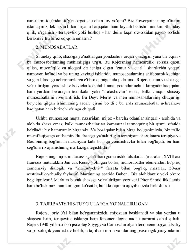 usiyatlar deb aytilgan narsalarga asoslanib) sobit "men" sifatida ko'ramiz va shuning uchun biz bu tabiiy oqimdan uzoqlashamiz. bu muammo, chunki bu tajriba oqimi, biz joriy №1da ko'rganimizdek, dolzarb yo'nalishga ega: bu o'zimizni saqlab qolish va yaxshilashga qaratilgan. masalan, agar biz ushbu organizm tajribasining bir qismi bo'lgan zaiflik yoki achinish tuyg'ularini inkor qilsak, biz o'zimizga kerak bo'lgan narsaga intilishimizga yo'l qo'ymaymiz: bu, masalan, boshqalardan g'amxo'rlik yoki himoya bo'lishi mumkin. rojersning avlodlarining eng muhimi bo'lgan eugene gendlin, ayniqsa, ushbu tajriba oqimining markazi edi. gendlin uchun bu bizning tanamizdagi his-tuyg'ularimiz bilan bog'lanish jarayoni va uni "oldinga olib borish" (va bizni u bilan oldinga olib borish) imkonini beradi, bu shifo jarayoni edi. ammo, tanqidiy nuqtai nazardan, gendlin mijozlar har doim bu tajribani eng foydali tarzda qanday qilib bog'lashni va ochishni bilishiga ishonmadi. shunday qilib, "fokuslash" ni ishlab chiqishda gendlin mijozlarga yoki umuman olganda, odamlarga ularning jismoniy his-tuyg'ularini, mujassamlangan donoligini ilgari surish uchun muhit yaratishga …