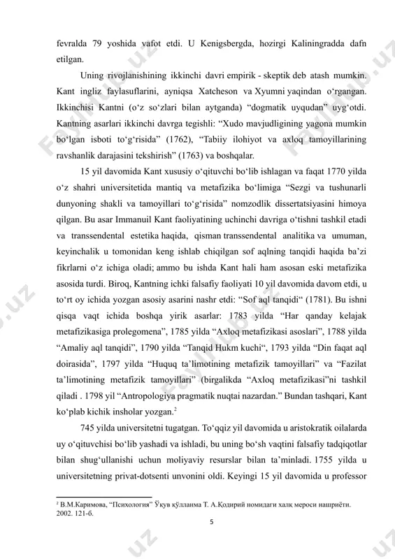 nchi tamoyillarining yangi yoritilishi” (1755), “ma’naviy ko‘ruvchining orzulari” (1766). 1770 yildan boshlab kant ijodidagi “tanqidiy” davrni sanash odat tusiga kirgan. bu yil, 46 yoshida u kenigsberg universitetining mantiq va metafizika professori etib tayinlandi va u erda 1797 yilgacha keng ko‘lamli fanlardan - falsafiy, matematika, fizikadan dars berdi. bu vaqtga kelib, kantning o‘z ishining maqsadlarini tubdan muhim tan olishi pishib yetdi: “sof falsafa sohasida qanday ishlash bo‘yicha uzoq vaqtdan beri o‘ylangan reja uchta muammoni hal qilishdan iborat edi: 1) men nimani bilishim mumkin? (metafizika); 2 ) nima qilish kerak? yigirma yil). bu davrda kant “sof aql tanqidi” (1781), “amaliy aql tanqidi” (1788), “hukm tanqidi” (1790) - fundamental falsafiy asarlarni yozdi, bu olimga taniqli mutafakkirlardan biri obro‘sini keltirdi. 18-asr va jahon falsafiy tafakkurining keyingi rivojlanishiga katta taʼsir koʻrsatdi. ammo falsafadan uzoq odamlar ham uning mashhur so‘zlarini bilishadi: “ikki narsa qalbni yangi va o‘sib borayotgan hayrat va baraka bilan to‘ldiradi, biz ular haqida …
