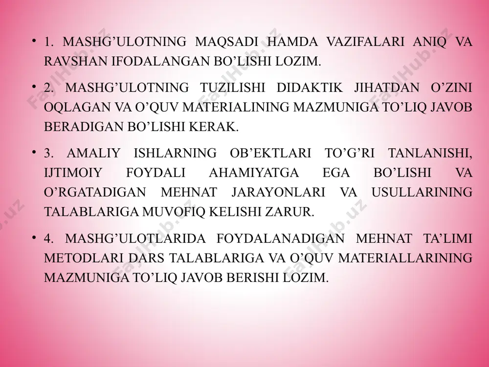 amalga oshirish, qanday asboblarni ishlatish, mehnat harakatlarini ketma-ket bajarish tartibini aniqlash. 4. materialni namuna, berilgan o’lchovlar bo’yicha belgilab chiqish. o’quvchilarni belgilash tartibini bilishlari va uni doskada belgilash bosqichlarini bajarayotgan yoki buyumni ko’rsatib tushuntirayotgan o’qituvchi bilan bir vaqtda bajarilishi lozim. 5. belgilash ishlarini bajarish. detallarni tayyorlash, detallarni moslash va uning barcha detallarini yig’ish; detallardan buyumni yig’ish jarayonida; buyum va uning detallariga ishlov berish jarayonida zarur bo’ladigan bilim va ko’nikmalarni egallash. 6. harakatlanayotganda tekshirish, xato va kamchiliklarni tuzatish, ishni baholash. 7. darsga yakun yasash, yangi vazifalar qo’yish. texnologiya ta’limida amaliy ish mashg’ulotlari tashkil qilishning bu tartibidan o’qituvchi mazkur dars uchun belgilangan aniq buyum yoki ishning xususiyatlarini nazarda tutib foydalanadi. amaliy ishlar jarayonida o’quvchilarda mehnatga qiziqish va muhabbat singdirib boriladi. mehnatga qiziqishning muhim talablaridan biri ishlanadigan buyumni to’g’ri tanlashdir. o’quvchilar tayyorlanadigan narsalarni nimaga kerakligi, qaerda ishlatilishini bilishlari kerak. bu ish turlarini barchasi boshlang’ich sinflarda qo’l mehnati jarayoni o’quvchilardagi kasb tanlash ishlariga qaratilgan. o’quvchilar …