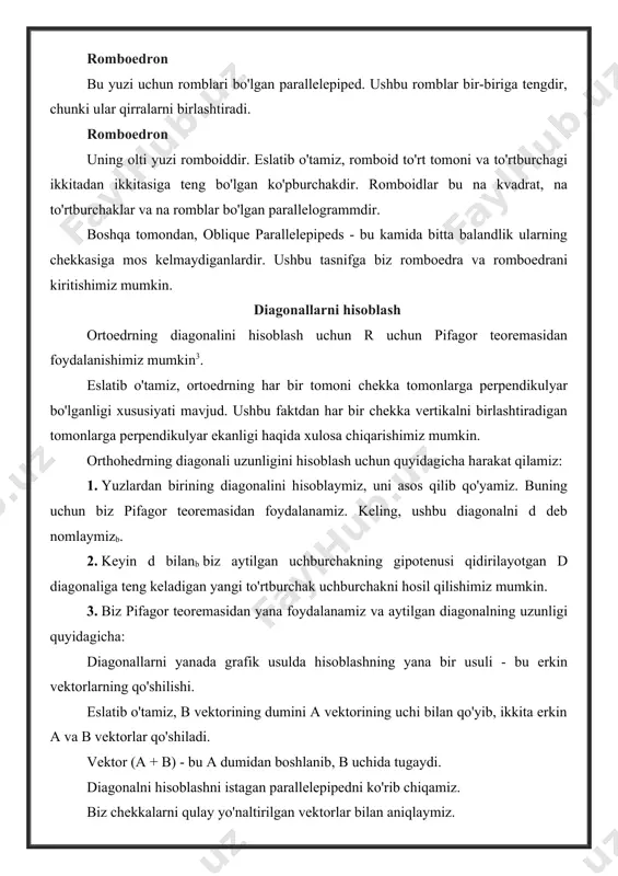 gi orthoedr berilgan bo'lib, parallelepipedning maydonini va uning diagonali uzunligini hisoblang. ortoedr maydoni formulasidan foydalanib bizda shunday narsa bor a = 2 [(6) (8) + (8) (10) + (10) (6)] = 2 [48 + 80 + 60] = 2 [188] = 376 sm2. e'tibor bering, u orthoedr bo'lganligi sababli uning to'rtta diagonalidan har qandayining uzunligi bir xil bo'ladi. kosmos uchun pifagor teoremasidan foydalanish bizda shunday d = (62 + 82 + 102)1/2 = (36 + 64 + 100)1/2 = (200)1/2 kubning maydoni har bir chekka bir xil uzunlikka ega bo'lgani uchun bizda a = b va a = c bo'ladi. oldingi formulada bizda mavjud a = 2 (aa + aa + aa) = 2 (3a2) = 6a2 a = 6a2 2-misol o'yin konsolining qutisi kub shaklida shakllangan. agar biz ushbu qutini sovg'a plyonkalari bilan o'ramoqchi bo'lsak, kub qirralarining uzunligi 45 sm ekanligini bilib qancha qog'oz sarflaymiz? kub maydoni uchun formuladan …