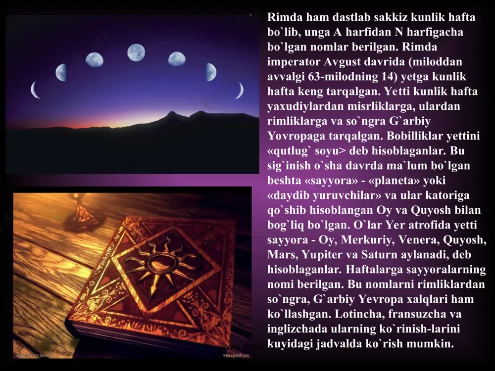 iqiy shanba - «shabati»dan tashqari yana, ikkinchi shanba (orshabati) - ya`ni dushanba, uchinchi shanba (samshabati seshanba, to`rtinchi shanba (otxshabati) - chorshanba,beshinchi shanba (xutshabati) payshanba, juma - paraskevi va yakshanba - kriva deb ataladi. forschada ham hafta nomlarida "shanba, so`zi olti marta takrorlanadi. yakshanba - birinchi shanba, dushanba -ikkinchi shanba, seshanba-uchinchi shanba, chorshanba - to`rtinchi shanba va payshanba-beshinchi shanba tarzida. juma - muqadsas kun hisoblanadi. haftalarning forscha nomlari kavkaz osiyo xalqlari tomonidan ham ishlatiladi. ozarbayjon tilida «bozor» - yakshanba, turkchada xam yakshanba - «pazar», «pazartesi» - bozordan keyin-gi kun deb ataladi. angliyada vaqtlar shanba haftaning oxirgi kuni hisoblangan. galfrid monmutskiy1 (xp asr) asarlaridan bunga bir talay misol topishimiz mumkin. www.arxiv.uz www.arxiv.uz sutka va uning dastlabki shakllari. yer sharining o`z o`ki atrofida bir marta aylanib chikishi uchun ketgan vakt sutka deb ataladi. sutka – vaqtning dastlabki o`lchov birlitidir. sutkaning 24 dan bir bo`lagi bir soat, soatning 60 dan bir bo`lagi daqiqa, daqiqaning …