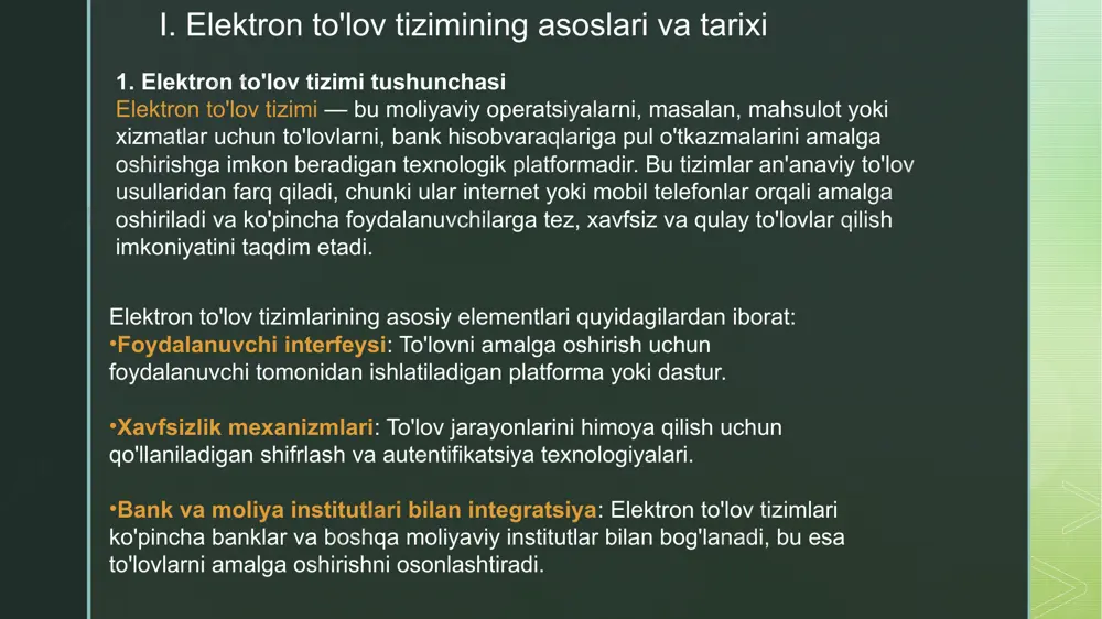 a magnit tasmalari yordamida ishlagan 1990-yillar: internet va onlayn to'lov tizimlari 1990-yillarning oxirlarida internetning rivojlanishi bilan birga onlayn to'lov tizimlari paydo bo'ldi. bu davrda paypal, amazon va boshqa onlayn savdo platformalarining boshlanishi elektron to'lovlarni yanada ommalashtirdi. 2000-2010 yillar: mobil to'lov tizimlarining kengayishi mobil texnologiyalarning tez rivojlanishi bilan mobil to'lov tizimlari ommalasha boshladi. 2007 yilda apple kompaniyasi iphone smartfoni bilan mobil to'lov tizimlariga yangi imkoniyatlar yaratdi. elektron to'lov tizimlarining asosiy turlari bugungi kunda elektron to'lov tizimlari bir nechta turga bo'linadi. ular quyidagilardan iborat: onlayn to'lov tizimlari: bu turdagi tizimlar, masalan, paypal, stripe, transferwise, onlayn savdolar va xizmatlar uchun to'lovlarni amalga oshirishga imkon beradi. mobil to'lov tizimlari: apple pay, google pay, samsung pay kabi tizimlar mobil telefonlar orqali amalga oshiriladigan to'lovlar uchun keng tarqalgan. bank kartalari: kredit, debet kartalari va boshqa bank kartalari hali ham eng ommabop to'lov usullaridan biridir. ushbu kartalar onlayn savdo va xizmatlar uchun ishlatiladi. kriptovalyutalar va blokcheyn: bitcoin, …