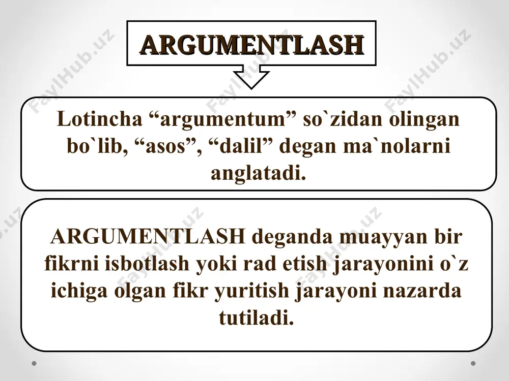 gumentlash maydonini kengaytirish yoki toraytirish, e‘tiborni boshqa narsaga qaratish); – “shaxsga murojaat qilish”, ya‘ni raqibiga do’q urish, haqorat qilish, nimalarnidir fosh etishga sha‘ma qilish, yorliqlar osish (nom qo’yish) va h.k. – auditoriya argumentidan foydalanish, ya‘ni tinglovchilarning kayfiyatlari, qiziqishlari, xayrixohliklaridan foydalanish. – kuchni namoyish qilish (masalani muhokama qilishni to’xtatish, opponentning pozitsiyasini umuminsoniy, milliy yoki guruh axloqiga, manfaatiga to’g’ri kelmaydi deb do’q urish); – muhokama predmetini buzib ko’rsatish (diversiya); – johillik, nodonlik argumenti, ya‘ni opponentini johil, nodon qilib ko’rsatish (“har bir aqlli odam aytganlarimni, albatta, ma‘qullaydi...”, deb so’z boshlash). argumentlash asoslangan chin bilimlarni hosil qilish usuli hisoblanadi. fikrlar chinligini asoslashning mantiqiy usullarini o`rganuvchi mantiq fanining maxsus bo`limi argumentlash nazariyasi deyiladi. argumentlash deganda avvalo fikrning chinligini asoslash, dalillash nazarda tutiladi va bu mantiqda isbot tushunchasi orqali ifodalanadi. dalillash jarayonida fikrlashga nisbatan qo`yiladigan eng muhim talablardan biri, yetarli asosga ega bo`lishdir. asosli fikr yuritish inson tafakkurining eng muhim xislati bo`lib hisoblanadi va mantiq qoidalariga …