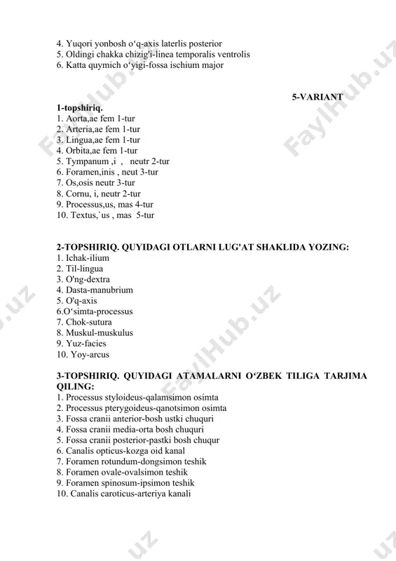 dingi teriga oid teshik-foramen cutaneum veuteralis posterior 3. orqa yonbosh oʻq-axis laterialis posterior 4. pastki teriga oid oʻsimta-protces cutaneum inferior 5. kichik dumg'azaga oid teshik-foramen coccygenus minor 6. orqa chakka chizig'i-linea temprolaris posterior 6-variant 1-topshiriq. 1. ala,ae fem 1-tur 2. crista,ae fem 1-tur 3. costa,ae fem 1-tur 4. lamina,ae fem 1-tur 5. spina,ae fem 1-tur 6. tuba,ae fem 1-tur 7. vena,ae fem 1-tur 8. angulus, i, neutr 2-tur 9. sulcus, i, neutr 2-tur 10. meatus, i, neutr 2-tur 2-topshiriq. 1. qovurg'a-costa 2. qanot-ala 3. oʻtkir qirra-spista 4. chuqurlik-fovea 5. yelka-humeri 6. barmoq-digitus 7. toʻpiq-talus 8. orqa-_______ 9. boʻyin-cervical 10. yuz-facies 3-topshiriq. 1. canalis hypoglossi-tilosti nerv kanali 2. sella turcica-turk egartchasi 3. crista galli-torli boshliq qismi 4. lamina cribrosa-teshukchali plastinka 5. fissura orbitalis superior-ustki koz kosasi 6. fissura orbitalis inferior-pastki koz kosasi 7. meatus acusticus internus-ichki eshitish yoli 8. meatus acusticus externus-tashqi eshitish yoli 9. sinus ethmoidales-torli boshliq 10. sinus cavernosus-kovakli …