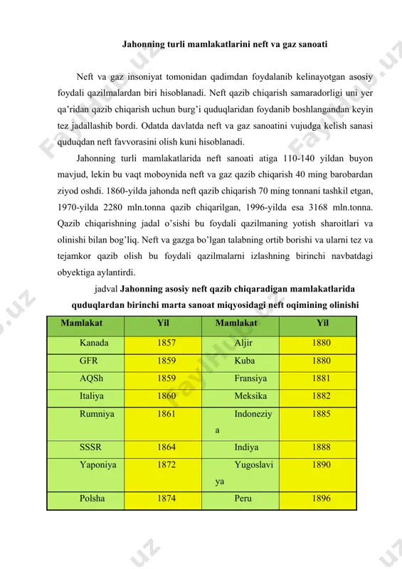 tasdiqlangan zaxiralari 2014yildagi holatiga ko’ra 239,8 mlrd.tonnani tashkil etadi (statistical review of world energy 2015). zaxiralar bo’yicha birinchi o’rin – venesuela 46,6 mlrd.t., keyingi o’rinlarda saudiya arabistoni 36,7 mlrd.t., va kanada 29,7 mlrd.t. (2.1-rasm). shuningdek jahondagi neft zaxiralari bo’yicha 10 ta yirik davlatlar jumlasiga iron, iroq, quvayt, baa, rossiya, liviya va nigeriya kiradi. rossiya bu ro’yxatda 14,1 mlrd.t. zaxirasi bilan 8 – o’rinda. rasm. neft zaxiralarini tarqalish diagrammasi gaz sanoatining rivojlanishi ancha keyin boshlangan, xx asrning 20yillaridan boshlab gazning iste’moli har 10 yilda ikki barobar oshdi, va 2016-yilda gaz qazib chiqarish 3674,471 mlrd.m3 ni tashkil etdi (statistical review of world energy 2017). tabiiy gazning dunyo bo’yicha tasdiqlangan zaxiralari 2016-yildagi holatiga ko’ra 180 trln.m3 ni tashkil etadi. eng katta tabiiy gaz zaxiralariga (tasdiqlangan) ega bo’lgan davlatlar (2.2-rasm): rossiya - 50 trln.m3, iron – 26 trln.m3; qatar - 28 trln.m3; turkmaniston - 17,5 va aqsh - 9,86 trln.m3. neft va gaz sanoatining …