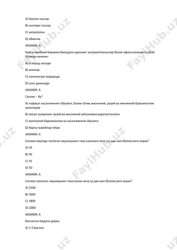 -16 ёшгача c) 12-18 ёшгача d) 15-18 ёшгача answer: a катта мактаб ёшидаги даврда қандай безлар яхши ривожланади: a) эндокрин b) ёғ безлари c) апокрин d) лимфа безлар answer: a кичик мактаб ёшдаги даври: a) 7-11 ёшгача b) 6-9 ёшгача c) 7-10 ёшгача d) 6-10 ёшгача answer: a кўкрак ёши даври a) 4 хафтадан 12 ойгача b) туғилгандан 2 ёшгача c) туғилгандан 3 ёшгача d) 1 ёшдан 3 ёшгача answer: a мактабгача ёшда бўлган болалар кўпроқ кайси тизим касалликларига чалинади: a) нафас тизими b) сийдий-айирув тизими c) юрак-қон томир тизими d) асаб тизими answer: a мактабгача ёшдаги даври: a) 3-6 ёшгача b) 1-6 ёш c) 2-7 ёш d) 1-7 ёш answer: a она қорнида ривожланиш даври: a) эмбрионал ривожланишфазаси (иии ойгача), плацентар (йўлдош) ривожланиш фазаси(иии ойдан тугулгунга қадар) b) пушта хосил булиш даври c) оталаниш даври d) йўлдош ривожланиш фазаси answer: a чакалоклик даври a) 4хафта ёки 28 кун b) …
