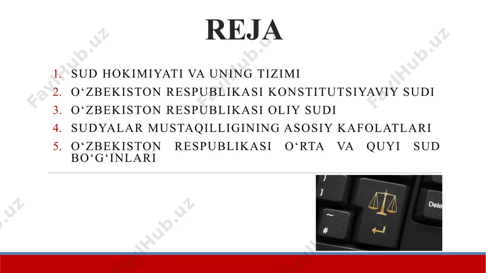 r tutilishi va uni oshkor qilishni talab etishning taqiqlanishi; sudyaga hurmatsizlik qilganlik, odil sudlovni amalga oshirish bo‘yicha faoliyatga aralashganlik va sudyaning daxlsizligini buzganlik uchun qonunda belgilangan javobgarlik; sudyaga davlat hisobidan uning yuksak maqomiga munosib moddiy va ijtimoiy ta’minot berish. sudyaning mustaqilligini cheklaydigan qonunchilik hujjatlari qabul qilishga yo‘l qo‘yilmaydi. sudya, uning oila a’zolari va ularning mol-mulki davlatning alohida himoyasida bo‘ladi. sudyalar mustaqilligi sudyalarga odil sudlovni amalga oshirish bilan bog‘liq bo‘lmagan har qanday vazifalar yuklatilishiga yo‘l qo‘yilmaydi. sudyalar mustaqildir, faqat qonunga bo‘ysunadi. sudyalarning odil sudlovni amalga oshirish borasidagi faoliyatiga biron-bir tarzda aralashishga yo‘l qo‘yilmaydi va bunday aralashuv qonunga muvofiq javobgarlikka sabab bo‘ladi. e’tiboringiz uchun rahmat ! 10 image2.png image3.jpg image4.jpg image5.jpg image6.jpg image7.jpg /docprops/thumbnail.jpeg