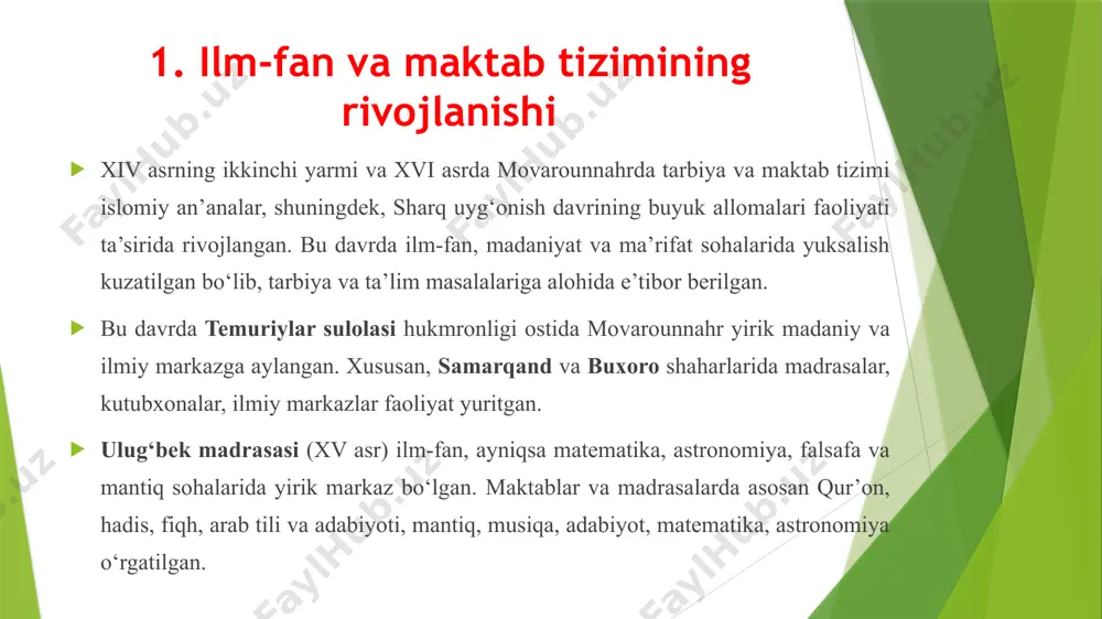 a bo‘lsa-da, umumiy tamoyillari bor edi. axloqiy tarbiya ustuvorligi tarbiyaning markazida axloq, odob va muomala madaniyati turardi. inson avvalo halol, sabrli, kamtar, ota-ona va ustozga hurmatli bo‘lishi kerak edi. “komil inson” konsepsiyasi – eng asosiy maqsad edi. ilm va donishmandlik qadri ilm – ma’naviy yuksalishning vositasi deb qaralgan. dono, bilimli inson jamiyatda obro‘ga ega bo‘lgan. ustoz-shogird an’anasi orqali bilim va tajriba avloddan-avlodga o‘tgan. diniy va ruhiy tarbiya diniy e’tiqod (islom, zardushtiylik, buddaviylik, konfutsiylik) tarbiyaning ajralmas qismi bo‘lgan. tarbiya orqali inson o‘z ruhiyatini poklab, alloh (yoki ilohiy qudrat)ga yaqinlashishi kerak edi. oilaviy tarbiya tarbiya avvalo oiladan boshlanishi lozim edi. ota-onaning tarbiyadagi roli muhim sanalgan. bola yoshlikdan boshlab axloqiy me’yorlar asosida voyaga yetkazilgan. movarounnahrda amir temur tomonidan markazlashgan davlat barpo etilishi va uning fan, madaniyat va ma’rifat rivojiga qo‘shgan hissasi xiv asrning ikkinchi yarmida amir temur tomonidan yirik, markazlashgan davlat barpo etilishi movarounnahrda siyosiy barqarorlikni ta’minladi. bu esa ilm-fan, madaniyat va ma’rifatning …