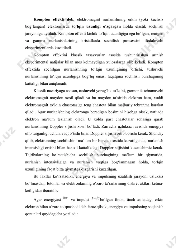 oziladi: (2.2.1) tenglamalar sistemasida birinchi tenglamani kvadratga oshiramiz va barcha hadlarni c2 ga bo‘lib, ikkinchi tenglamaning kvadratini yuqoridagi tenglamadan ayiramiz. almashtirishlar o‘tkazish natijasida (2.2.3) ifodani olamiz. (2.2.3.) ifodada - uzunlik o‘lchamiga ega va elektron uchun kompton to‘lqin uzunligi deyiladi: kompton effektida to‘lqin uzunligining siljishi juda kichik qiymatga ega bo‘lib, xattoki ga sochilganda xam 2λ ga teng. shuning uchun kompton effektini kuzatish uchun rentgen nurlari yoki gamma nurlaridan foydalaniladi, chunki bu xolda δλ to‘lqin uzunligining katta qismini tashkil etadi. bor postulatlari. vodorod atomi uchun bor nazariyasi. bor modeli uchta dastlabki xulosalarga asoslangan: atom spektrlarini o‘rganish natijalariga; nurlanishning elementar kvant nazariyasiga oid plank va eynshteynning tatqiqot natijalariga; e.rezerford tomonidan kiritilgan atomning planetar modeliga. o‘sha davrda atomning planetar modelining erishgan muvaffaqiyatlariga qaramasdan bu modelni klassik fizika nuqtai – nazaridan qabul qilish qiyin bo‘lgan. elektromagnit hodisalarining klassik nazariyasiga asosan, doiraviy yoki ihtiyoriy egrilangan orbita bo‘yicha harakatlanuvchi, zaryadga ega bo‘lgan elektron harakati davomida yorug‘lik to‘lqinlarini …