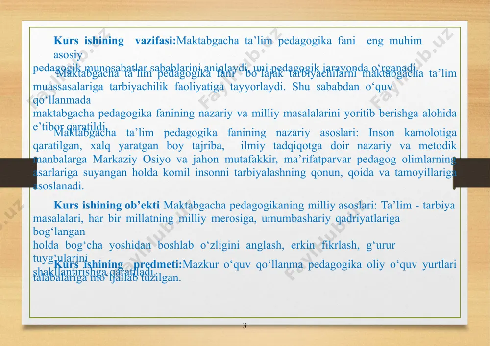 mazmunini o‘zgartirish kerak.o‘yin vaziyatini tanlasho‘yinga rahbarlik qilayotgan pedagogning mahoratiga, qiziqishiga bog‘liq. syujetli-rolli o‘yinlar mazmunining o‘ziga xosligi uning eng muhim xususiyatlaridan hisoblanadi. mashhur pedagog va psixologlardan d.b.elkonin, d.v. mendjeritskiy, p.e.samorukovava boshqalarning fikricha, syujetli–rolli o‘yinlar kattalarning ijtimoiy hayotidagi rang-barang xatti-harakatlari, ko‘rinishlari–bolalar o‘yinlarining asosiy mazmuni bo‘lib xizmat qilib, kattalar ijtimoiy hayotining namunasini oladigan faoliyat turidir. syujet o‘yin faoliyatida asosiy komponent bo‘lib, u personajni, hayotiy vaziyatni, harakat va personajlar munosabatini o‘z ichiga oladi. syujetli-rolli o‘yinlar o‘z mazmun va mohiyatiga ko‘ra jamoa o‘yini bo‘lib hisoblansada, yakka holda o‘ynalmaydi, degan fikrni keltirib chiqarmasligi kerak.syujetli-rolli o‘yinlar bolaning aqliy, axloqiy, jismoniy rivojlanishlarida muhim ahamiyat kasb etib, bunda bola ehtiyoji va malakasi tarbiyalanib, shakllanib boradi. 6 syujetli-rolli o‘yinlarga rahbarlik qilish quyidagi asosiy bosqichlarda amalga oshiriladi. 1-bosqich.bolalarning qiziqishlarini, ulardagi syujetli o‘yinlar rivojlanishi darajasini o‘rganishning asosiy vositasi quyidagilar: -bolalar o‘yinlarini kuzatish, -o‘yin rivojining asosiy yo‘nalishlari, o‘yin mavzusi, o‘yin mazmuni, bola o‘yin faoliyatining rivoji, o‘yinda o‘zaro munosabatlarning rivojlanishi bo‘yicha tavsifnoma tuzish; -o‘yinga …