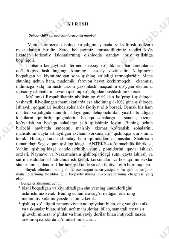 ko’rsatish va ta’mirlashni bir maromda olib borishni belgilab bermoqda. qishloq xo’jalik mashinalarining doimiy ravishda ishga tayyor turishi uchun esa ta’mirlash korxonalarining bazasi yanada yaxshi bo’lishini, rivojlantirishni talab etadi. bu bilan ta’mirlash korxonasi sistemasidagi ta’mirlash va texnik xizmat ko’rsatish texnologiyasini va jarayonlarini yaxshilash, o’zgartirishga to’g’ri keladi. o’zbekiston respublikamiz va chet ellarning ilg’or kompaniyalari o’rtasida tuzilgan shartnomalar hozirgi kunda o’z natijasini bermoqda. « keys », « klass » markali don kombaynlari xo’jaliklarimiz dalalarida pishib etilgan boshoqli ekinlarni yig’ib olishda ish sifatining yaxshiligi va ish unumdorligining yuqoriligi, samaraligi ishlashi va boshqa yaxshi tomonlari bilan o’zini ko’rsatmoqda. bundan tashqari «magnum», «maksum» va boshqa markadagi traktorlar hamda turli markadagi yangi qishloq xo’jalik mashinalarining yuqori samaradorligi, ish unumdorligining balandligi tufayli keng foydalanilmoqda. albatta bunday yangi texnikaalarning qo’llnilishi nafaqat qishloq xojaligida, balki qishloq xo’jalik kollejlarida o’quv jarayonlarida o’zini namoyon qilmoqda. yosh mutaxassislarni tayyorlash sifati va yangi texnikalarni o’qitilishiga katta e’tibor berilmoqda. muhandis-pedagoglarni qaytadan o’qitish, malakasini oshirish ishlari …