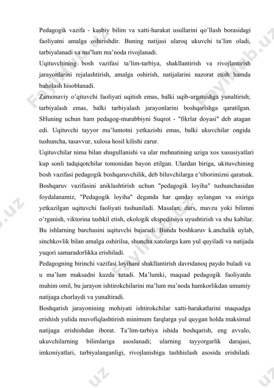i maqsadga erishish yulida muvofiqlashtirish minimum farqlarga yul quygan holda maksimal natijaga erishishdan iborat. ta’lim-tarbiya ishida boshqarish, eng avvalo, ukuvchilarning bilimlariga asoslanadi; ularning tayyorgarlik darajasi, imkoniyatlari, tarbiyalanganligi, rivojlanishiga tashhislash asosida erishiladi. o’quvchilarning jismoniy o’ziga xos jihatlari va ruo’iy rivojlanganligi ularning aqliy va ahloqiy tarbiyalanganlik darajasi, yashash shart-sharoitlari kabilarni bilmasdan turib, gugri maqsad quyib unga erishish vositalarini tanlab ham bulmaydi. bu muhim qoidani uz vaktida k.d. ushinskiy paykab, "pedagogika insonni barcha jihatlarda tarbiyalay olishi uchun uning barcha jihatlarini bilish zarur", - deb ta’kidlagan edi. demak, uqituvchi pedagogik vaziyatlarni tashxislash va bashorat etish metodlarini mukammal bilishi kerak. u metodlar odatda ilmiy tadqiq etish metodlarini takrorlaydi. bundan tashhislash bilan bashorat etishning uzviy bogliqligi kelib chiqadi. uqituvchidan aniq shart-sharoitga asoslangan holda faoliyat natijalarini oldindan kura olish kobiliyati talab etiladi. uzining faoliyati natijalarini oldindan kura olmagan pedagogii tavakkaliga ish kuradigan yulovchiga, ongsiz o’rgimchakka o’xshatish mumkin, xolos. yukorida zikr etilgan fikrlarni muxtasar holda i.p. podlasыy kuyidagicha …