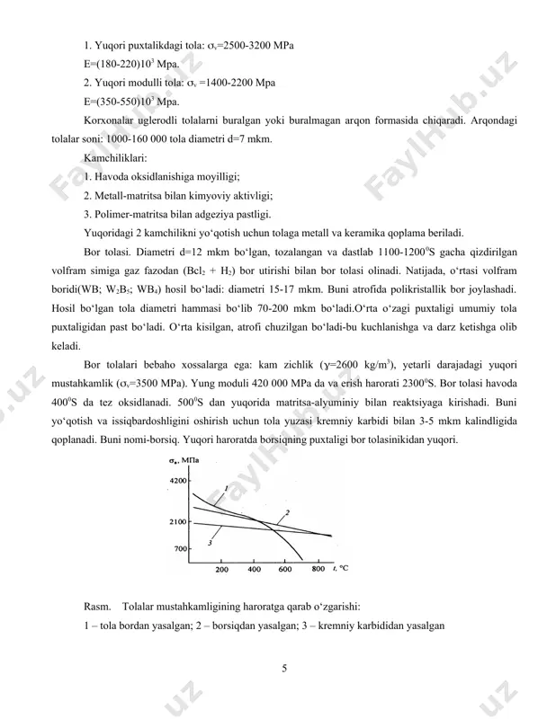 s dan yuqorida matritsa-alyuminiy bilan reaktsiyaga kirishadi. buni yo‘qotish va issiqbardoshligini oshirish uchun tola yuzasi kremniy karbidi bilan 3-5 mkm kalindligida qoplanadi. buni nomi-borsiq. yuqori haroratda borsiqning puxtaligi bor tolasinikidan yuqori. rasm. tolalar mustahkamligining haroratga qarab o‘zgarishi: 1 – tola bordan yasalgan; 2 – borsiqdan yasalgan; 3 – kremniy karbididan yasalgan korxonalarda monotola shaklida g‘altaklarda chiqariladi. bor tolalari polimer va alyuminiy asosli matritsali kompozitlar ishlab chiqishda qo‘llaniladi. kremniy karbidi tolalari. olish texnologiyasi bor tolalari olish texnologiyasidan farqi yo‘q. asos uglerod bo‘lgan (o‘rtasi) kremniy karbid tolalari arzon. lekin, yuza nuqsonlariga injik, puxtaligi kamroq. metall matritsali yuqori haroratda ishlaydigan kompozitlarni sinchlashda qo‘llaniladi. shisha tolalar. eritilgan 1200-14000s da shisha diametri 0,8-3 mm bo‘lgan fileradan o‘tkaziladi va tezda bir necha mikrometrgacha cho‘ziladi. diametri 3-100 mkm bo‘lgan tola barabanga o‘raladi, uzunligi 20 km gacha. tolaning ko‘ndalang kesim yuzasi kvadrat, to‘g‘ri to‘rtburchak, dumoloq, uchburchak va oltiburchak formada bo‘ladi. bu zich joylashishni va yuqori puxtalikni ta’minlaydi. shisha …