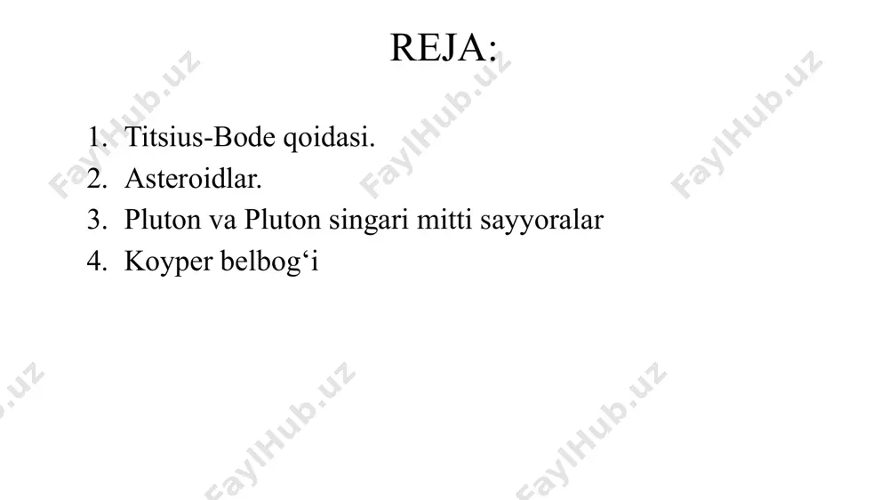 il ibn sino asteroidi 1973 yil 26-sentyabrda qirim astrofizika observatoriyasida lyudmila ivanovna chernix tomonidan tadqiq qilingan va “(2755) avicenna = 1973 sj4 = 1978 ux1” nom bilan ro’yxatga olingan. quyosh atrofida aylanish davri 4,8 yil. yerga xavf soladigan asteroidlar yerdagi yuzidagi kraterlar barrinjer krateri arizona, aqsh diametri: 1,2 km chuqurligi: 229 m pingalut krateri kvebek, kanada diametri: 3,44 km chuqurligi: 400 m wolfe creek krateri halls creek, avstraliya diametri: 880 m chuqurligi: 55 m amguid krateri jazoir diametri: 500 m chuqurligi: 65 m tenoumer krateri sahara cho’li, mavritaniya diametri: 1,9 km chuqurligi: 100 m lonar krateri maxarashtra, hindiston diametri: 1,8 km chuqurligi: 150 m 11 pluton va mitti sayyoralar 1880-yilda ingliz astronomi forbs neptunning harakatini uzoq yillar o‘rganib, undan tashqarida ham birorta osmon jismi bo‘lishi kerak degan fikrni berdi. xx asr astronom lovell boshida noma’lum sayyorani qidirish bilan shug‘ullandi. bu osmon jismi pluton sayyorasi bo‘lib chiqdi. uni 1930 yilda k.tombo …
