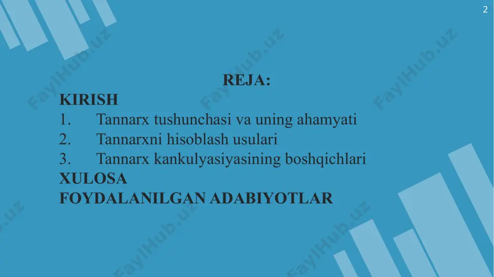 murakkab jarayon hisoblanadi. chunki tannarxning o‘zi turli ko‘rinishlarga ega bo‘lib, ularni hisoblashda o‘ziga xos jihatlarni e’tiborga olish kerak bo‘ladi. 8 tannarxning turlari tannarxning ishlab chiqarish tannarxi, to‘la tannarx, chegaraviy tannarx kabi turlari mavjud. ishlab chiqarish tannarxi mahsulot ishlab chiqarish jarayoni bilan bog‘liq xarajatlar yig‘indisidir. 9 u o‘z ichiga ishlab chiqarishni tashkil etishdan boshlab to tayyor mahsulotning omborga kelib tushguniga qadar jarayonlardagi xarajatlarni qamrab oladi. to‘la tannarx mahsulot ishlab chiqarish va uni sotish bilan bog‘liq xarajatlar yig‘indisidir. 10 ya’ni, u ishlab chiqarish tannarxi hamda mahsulotni sotish bilan bog‘liq tijorat xarajatlaridan tarkib topadi. chegaraviy tannarx – bu har bir navbatdagi ishlab chiqarilgan mahsulot birligining tannarxi. misol uchun, siz 20 dona mahsulot ishlab chiqarganingizda umumiy xarajatlar 100000 so‘mni tashkil etdi. bu holatda bitta mahsulot tannarxi 5000 so‘mga to‘g‘ri keladi. 11 aytaylik, siz yana bir dona qo‘shimcha mahsulot ishlab chiqarmoqchi bo‘ldingiz. buning natijasida sizning umumiy xarajatingiz 104 000 so‘mni tashkil etdi. bundan ko‘rinadiki, mahsulotingizning …