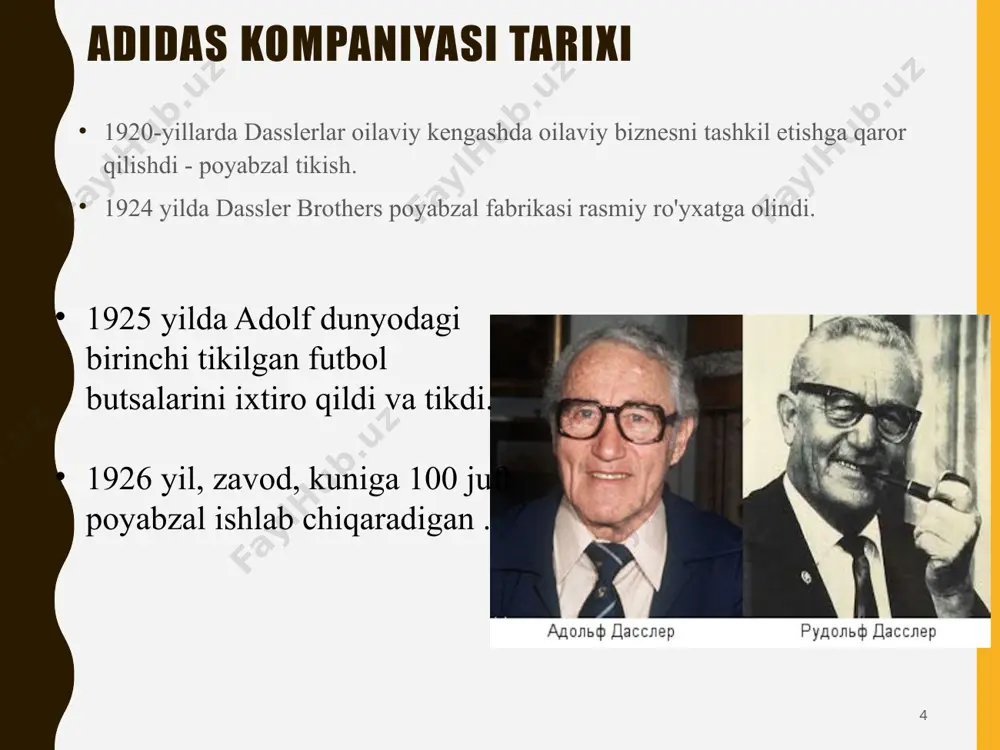 ni yangi rol o'ynab, yangi xalqaro va o'zaro faoliyat funktsional martaba boshlashi mumkin bo'lgan 20 finalchidan biri bo'lishga undaydi 15 kuchli tomonlari zaif tomonlar rivojlangan chakana savdo tarmog’i, mashhur sportchilar bilan shartnomalar, mashhur status brendi boshqaruvning past ta’siri xodimlarni jalb qilmaslik moliyaviy ko’rsatkichlar o’sishi savdo nuqtalariga bog’liq imkoniyatlar tahdidlar aholi orasida sportning ommaviy oshib borishi elektron tijoratni rivojlanishi yuqori raqobat soxta raqobatlar oyoq kiyimlarni olib kirishda bojxona to’lovlarini oshirishi. 26.05.2024 16 26.05.2024 17 mezon adidas nike puma asics diapazon sport, kundalik kiyimlar sport kiymlari, aksesuarlar sport kiyimlari, parfumiriya sport kiyimlari va poyabzal narx darajasi o’rtacha yuqori o’rtacha yuqori maqsadli auditoriya barcha yosh toifalari yoshlar o’rta yoshlar barcha yosh toifalari yoshlar o’rta yoshlar to’plamni yangilash chastotasi yiliga 3-4 marta yiliga 2-3 marta yiliga 3-4 marta yiliga 2-3 marta firmaning obrusi yuqori mashhurlik yuqori mashhurlik o’rtacha mashhurlik muayyan doiralarda mashhurlik kampaniya filiallari miqdori 165 160 120 110 inson resursi orqali boshqaruvi yuqori …
