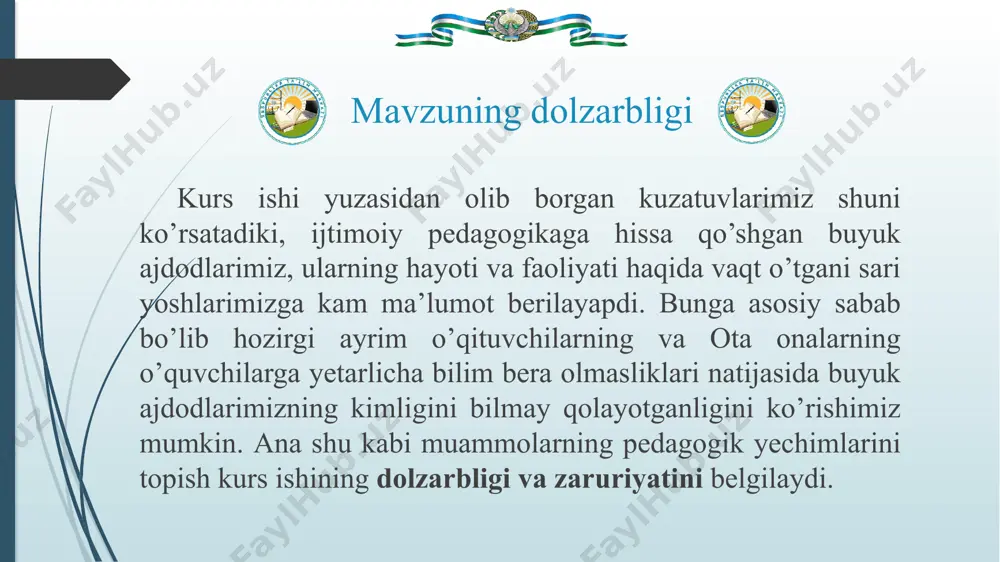 h maqsadida mavjud pedagogik hodisa hamda jarayonlarni uning maqsadi va vazifalariga muvofiq keladigan metodlari bilan o‘rganadi. shu ma’noda pedagogikaning ilmiy-tadqiqot metodlari deganimizda yosh avlodni tarbiyalash, bilim berish va o‘qitishning real jarayonlariga xos bomgan ichki aloqa va munosabatlarni tekshirish, bilish metodlari, uslublari hamda vositalari majmuyini tushunamiz metod tushunchasia metoddan tashqari, ijtimoiy pedagogikada “ usul” va "vositalar" tushunchalari qullaniladi. usul metodning ifodasi sifatida tushunilib, metodga nisbatan xususiy, bo'ysunuvchan tavsifga ega. aslida, g'ar bir metod amaliyot tomonidan to'plangan, nazariya tomonidan umumlashtirilgan usullar majmuasi orqali amalga oshiriladi metodning avzalliklari olimlarning fikricha, bola ijtimoiylashuvi yoki reabilitatsiyasiga yordam beruvchi, ijobiy ijtimoiy tajriba to'planishini ta'minlovchi, ijtimoiy pedagog va bolaning o'zaro bogliq faoliyatini uyg'unlashtiruvchi ijtimoiy pedagogik metodlar haqida gapirish hali erta. ular hozir shakllanish bosqichidadir. shuning uchun ham ijtimoiy pedagog uz amaliy faoliyatida pedagogika, psixologiya va ijtimoiy ishda qullanilayotgan metodlardan foydalanadi. 1.2 ijobiy xususiyatlarga yo’naltiruvchi metodlar tushuntirish (hikoya qilish, o‘rgatish). mashqlantirish (odatlantirish, mashq qildirish). namuna (maslahat berish, uzr …