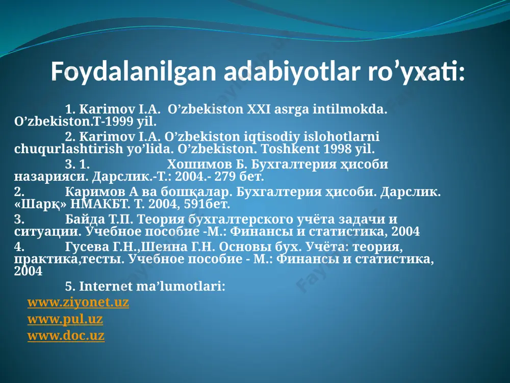 maydigan boshqa materiallar (tuzatilmaydigan braklar, metallom) ishlab chiqarish xarajatlariga hisobdan chiqariladigan materiallarning haqiqiy tannarxini aniqlashda boholashning quyidagi usullaridan foydalaniladi: - o’rtacha tannarx (to’g’ri chiziqli) bo’yicha yoki aveko usuli – materiallarning umumiy qiymatini ularning miqdoriga bo’lib, olingan o’rtacha narxlar asosida hisobdan chiqarish; - o’rtacha chamalangan baholar bo’yicha birinchi tushum- birinchi chiqim. fifo usuli - ishlab chiqarishga birinchi kelib tushgan partiyadagi narxlar bilan va keyingi partiyadagi narxlar navbatma-navbat hisobdan chiqarib boriladi; - o’rtacha chamalangan baholar bo’yicha, oxirgi tushum-birinchi chiqim, lifo usuli-materiallar ishlab chiqarishda dastavval oxirgi partiya narxlari bo’yicha pastdan yuqoriga qarab hisobdan chiqariladi sotib olingan sana miqdori (dona) narxi (so’m) qiymati (m.so’m) 15.03.11 1000 600 600 20.03.11 1700 800 1360 25.03.11 1500 900 1350 jami 4200 3310 misol. korxonada oy mobaynida quyidagi materiallar partiyasi sotib olingan: material sarfi miqdori narxi (so’m) qiymati (m.so’m) 1-partiya 1000 600 600 2-partiya 1700 800 1360 3-partiya 100 900 900 jami sarflangan material 2800 788.8 2207 ombordagi …
