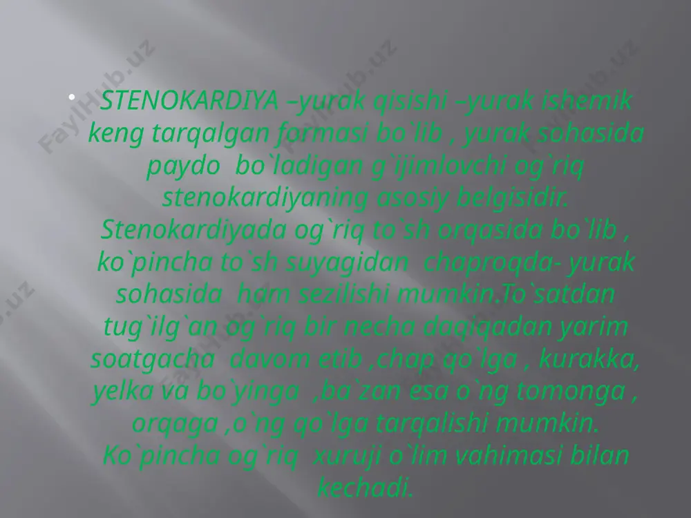 ‘l qo‘ymaslik lozim. bemorga o‘rindan turishga ruxsat berilgandan so‘ng ham gorizontal holatdan vertikal holatga asta-sekinlik bilan o‘tiladi. bemorga davolovchi gimnastika birmuncha barvaqt tayinlanadi. bemorni to‘g‘ri parvarishlash, uning sog‘ayib ketishiga umid tug‘dirish tibbiyot hamshirasining eng muhim vazifalaridan biridir.bemorlarning sog‘ligini qayta tiklashda ochiq havoda belgilan-gan vaqt davomida sayr qilish, fizioterapevtik muolajalar, sanatoriya-kurortlarda davolanish juda muhimdir. image2.wmf